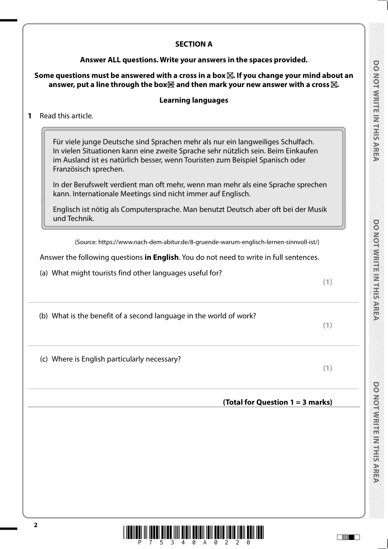 Pearson Edexcel GCSE German Paper 3H 2025 Question Paper PDF