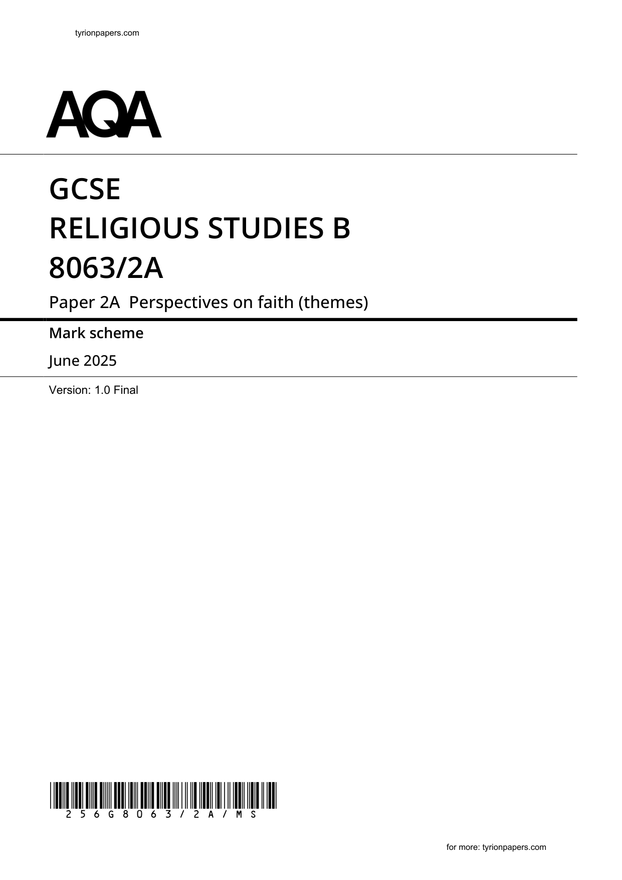 AQA GCSE Religious Studies B Paper 2A 2025 Mark Scheme