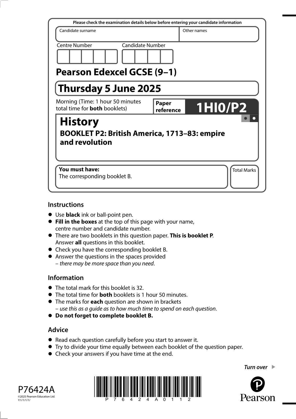 Pearson Edexcel GCSE History Paper P2 2025 Question Paper