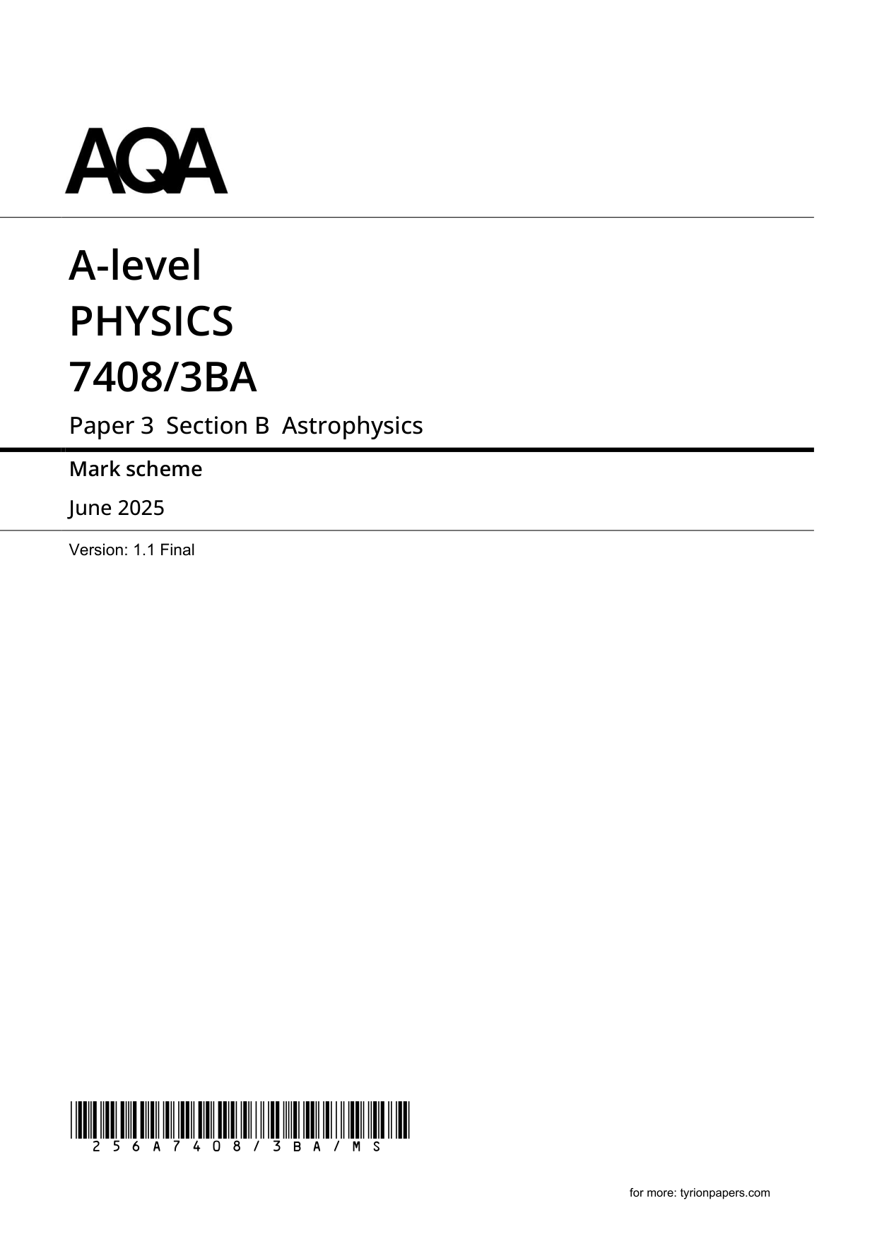 AQA A Level Physics Paper 3BA 2025 Mark Scheme