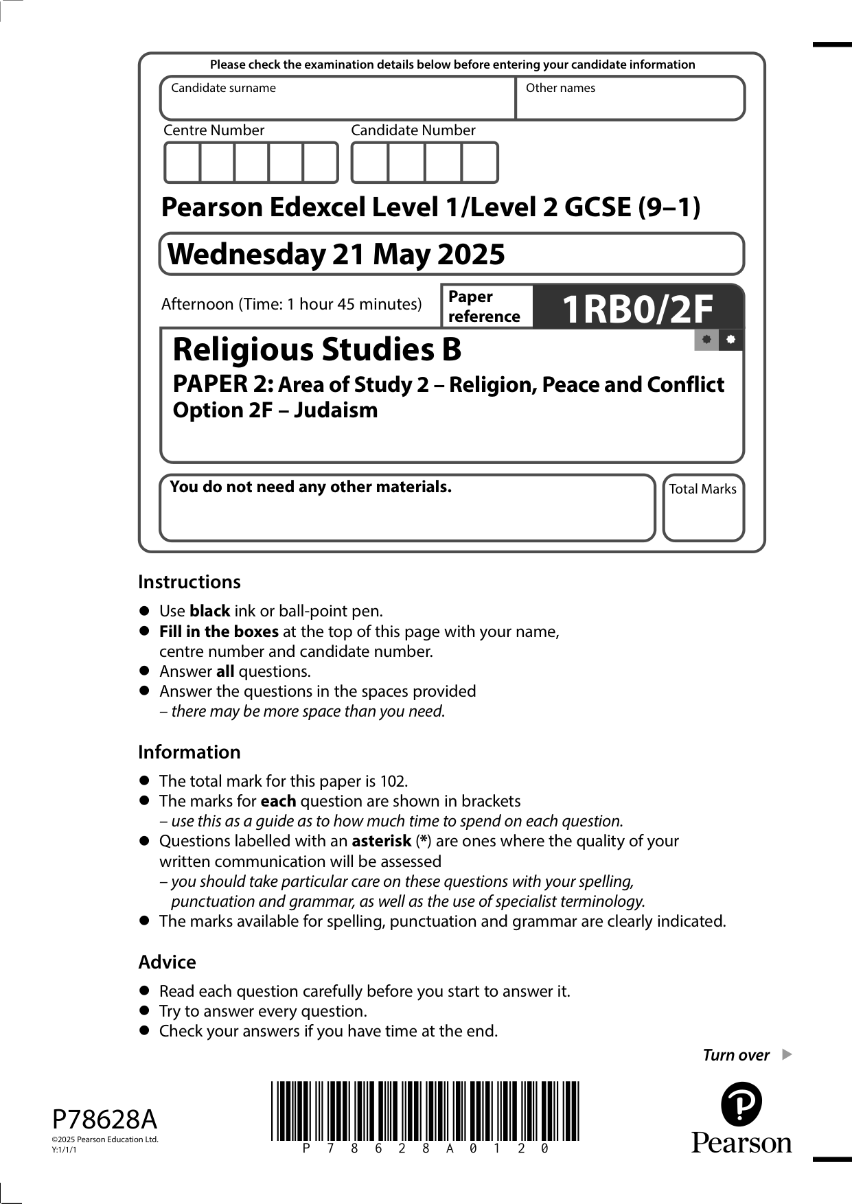 Pearson Edexcel GCSE Religious Studies B Paper 2F 2025 QP