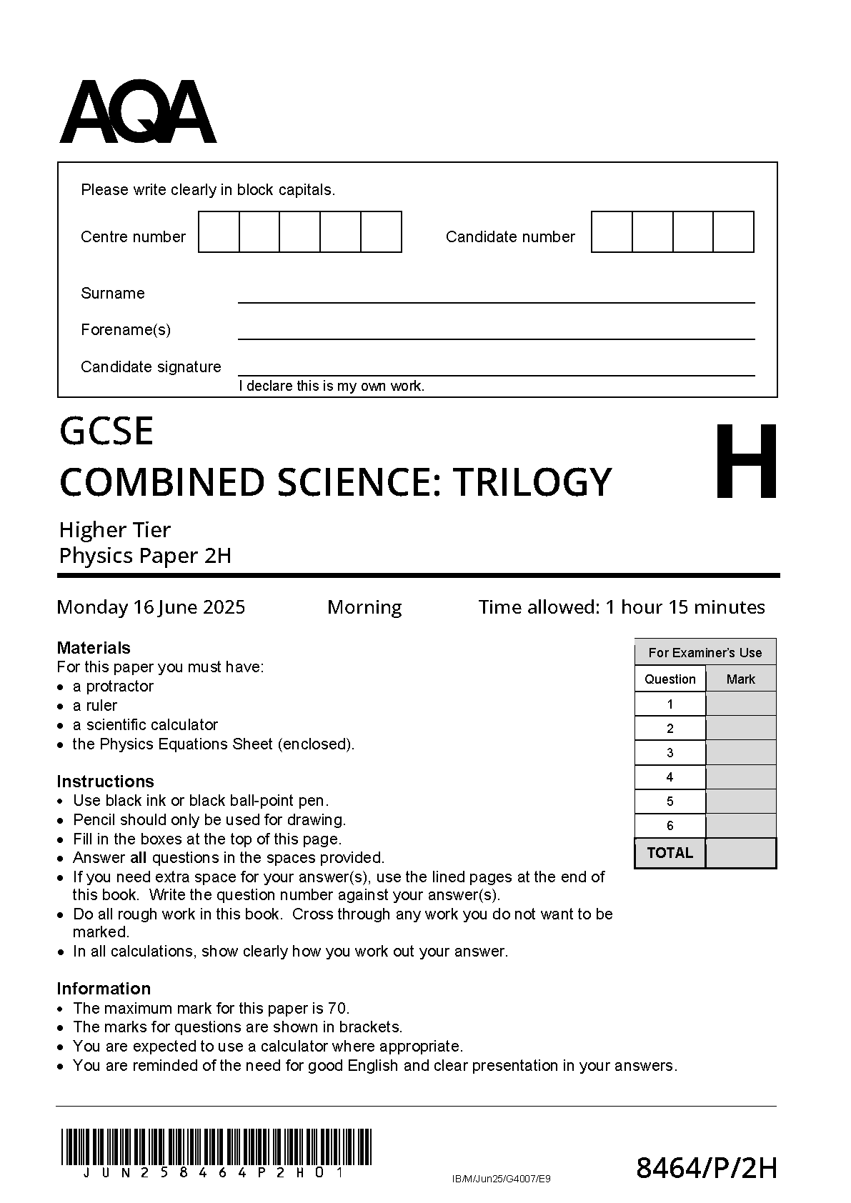 AQA GCSE Trilogy Physics 2H 2025 Question Paper PDF IMG-1