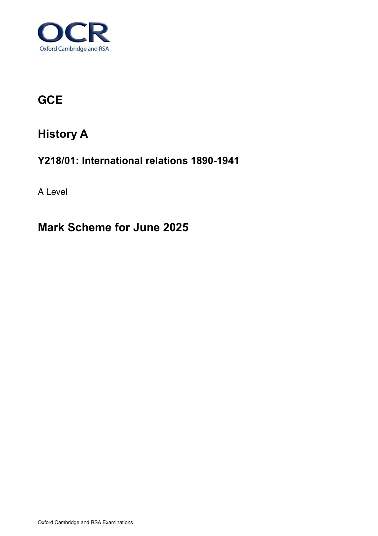 OCR A Level History A International Relations 2025 Ms