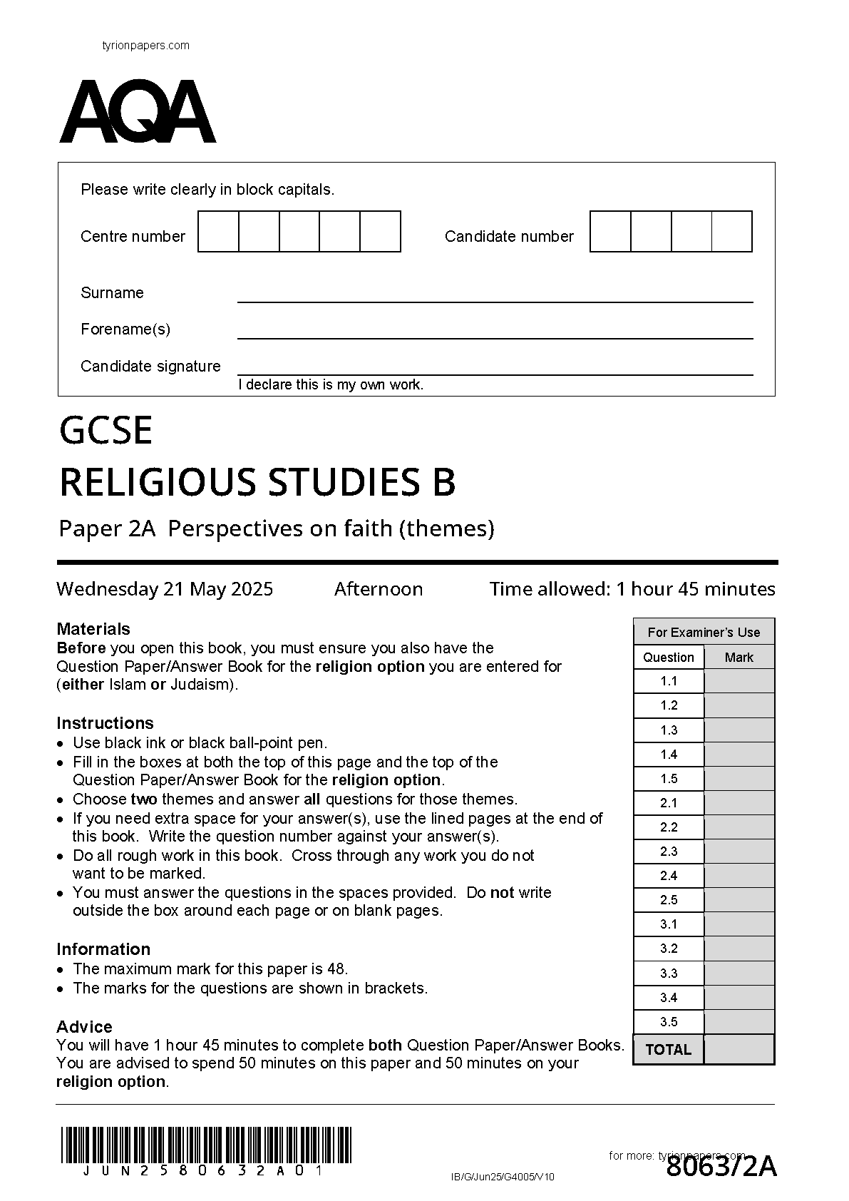 AQA GCSE Religious Studies B Paper 2A 2025 Question Paper IMG-1