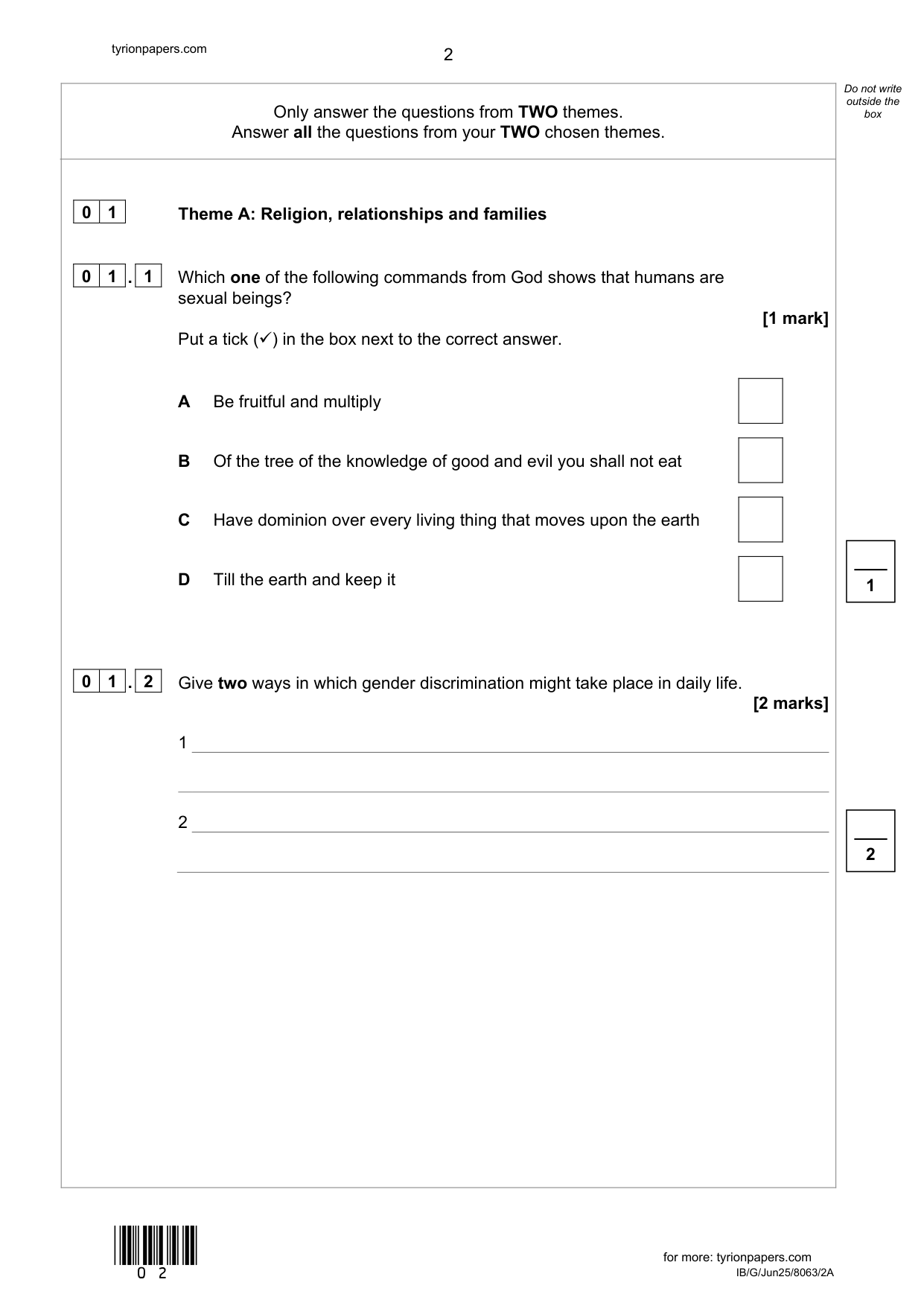 AQA GCSE Religious Studies B Paper 2A 2025 Question Paper