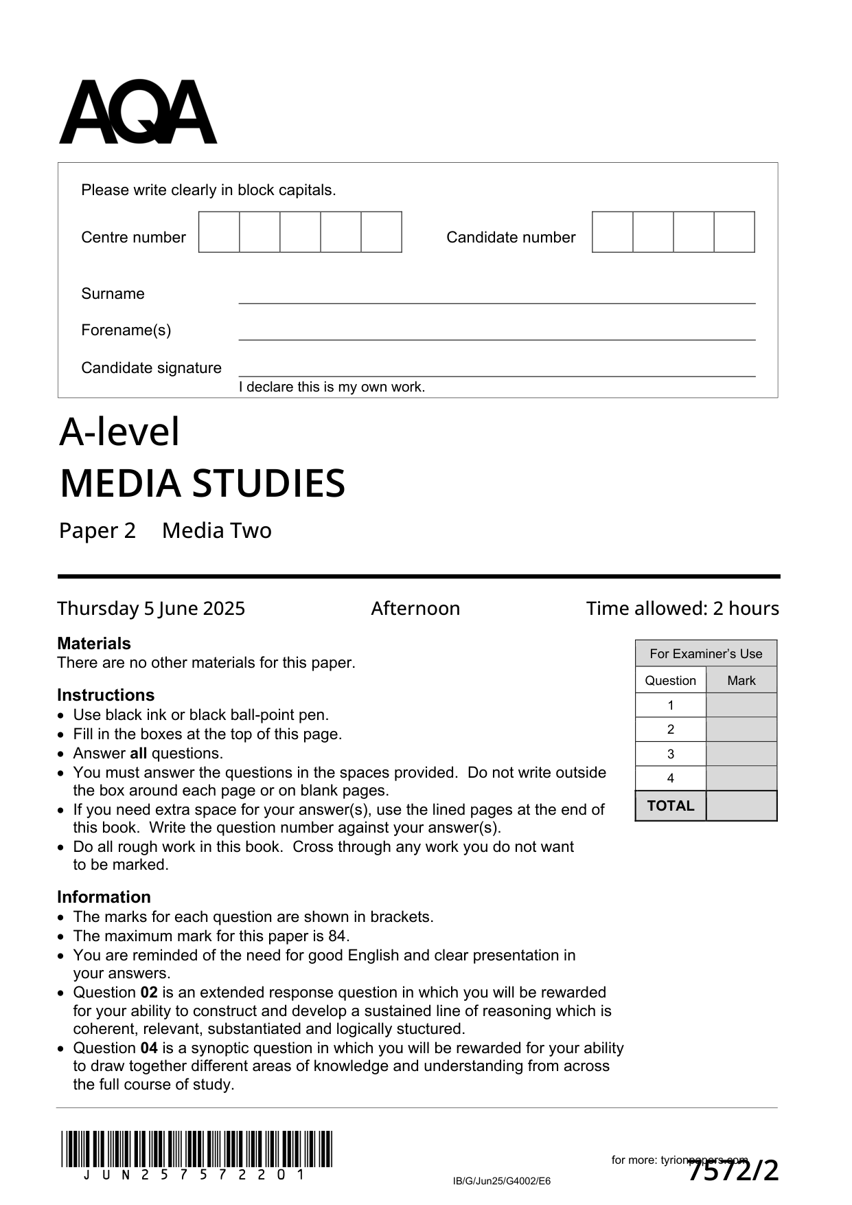 AQA A Level Media Studies Paper 2 2025 Question Paper