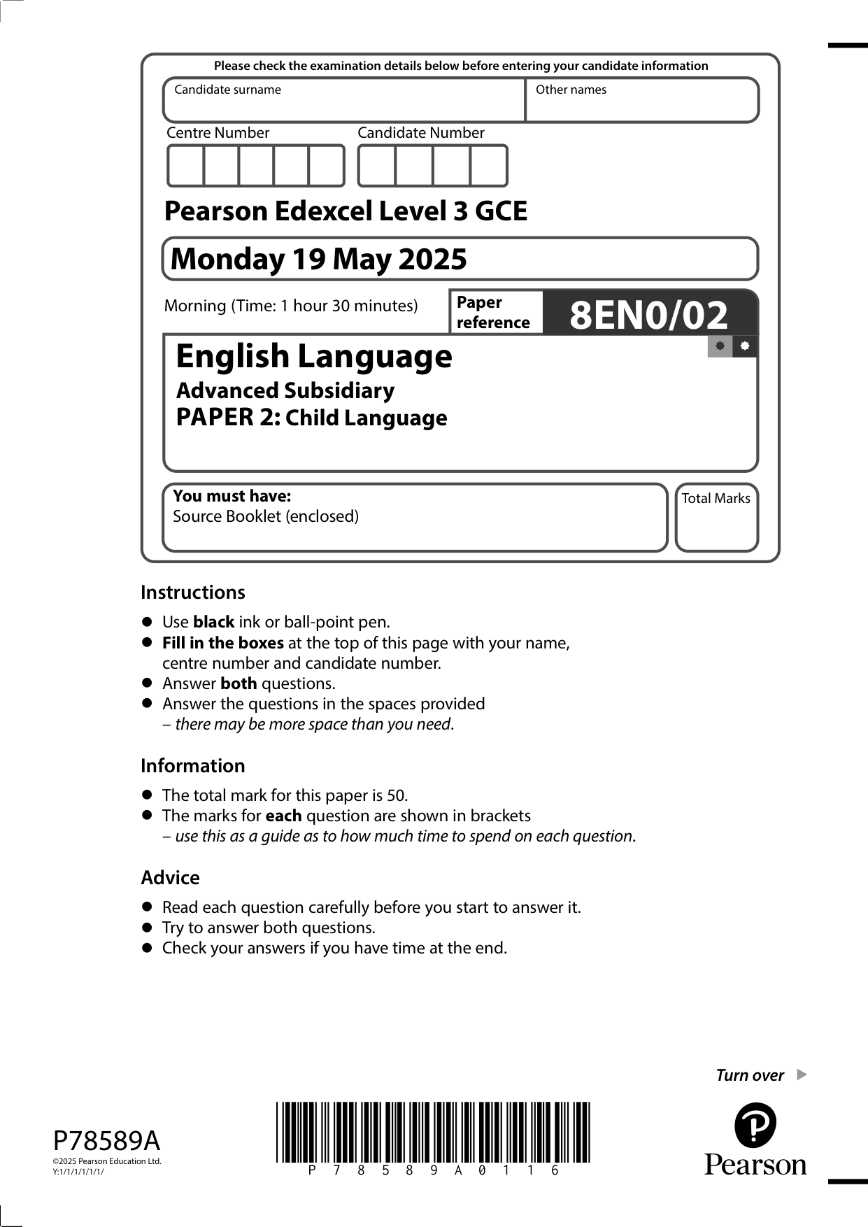Pearson Edexcel AS English Language Paper 2 2025 QP