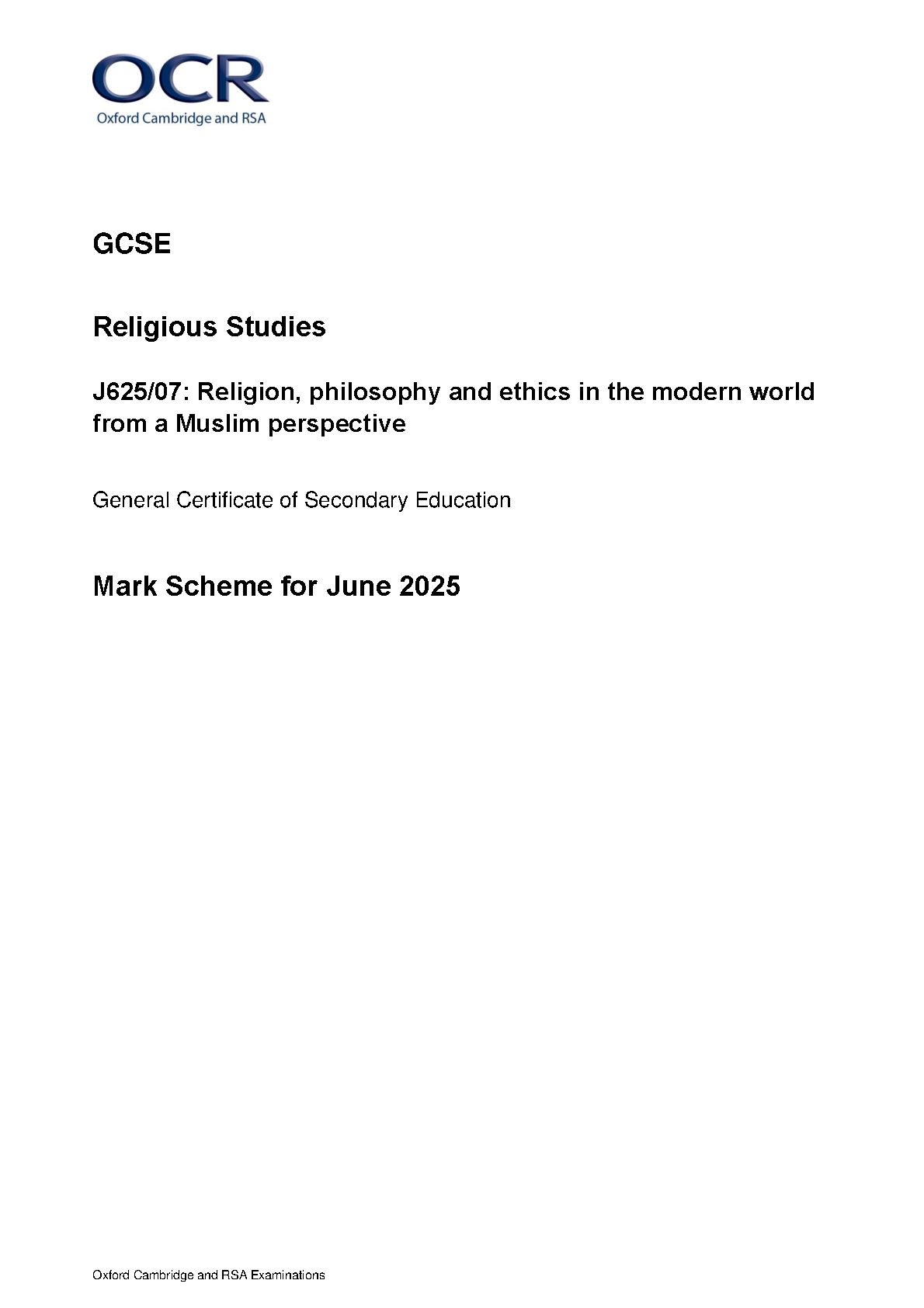 OCR GCSE Religious Studies Paper 7 2025 Mark Scheme PDF