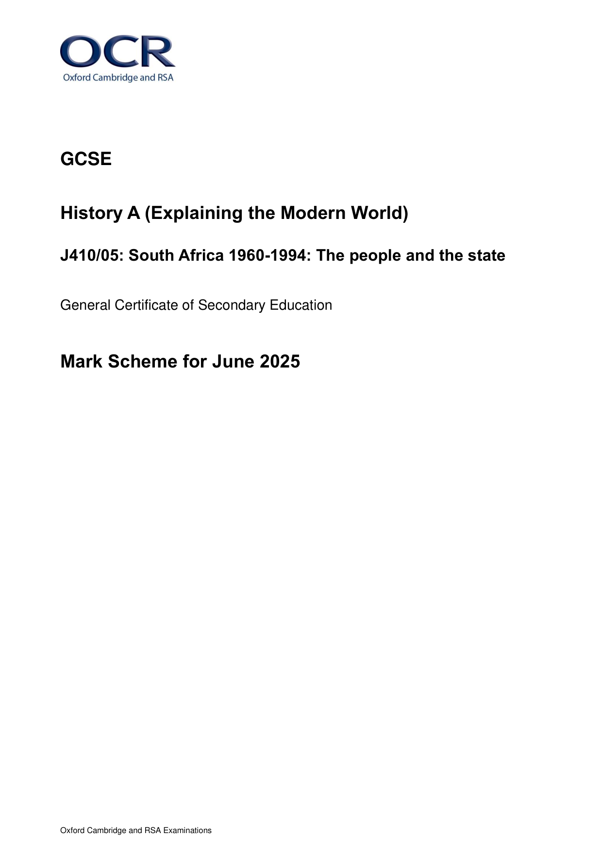 OCR GCSE History A Paper 5 2025 Mark Scheme