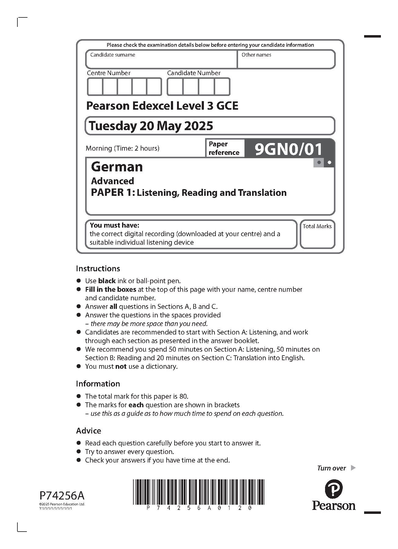 Pearson Edexcel A Level German 2025 Paper 1 Question Paper IMG-1
