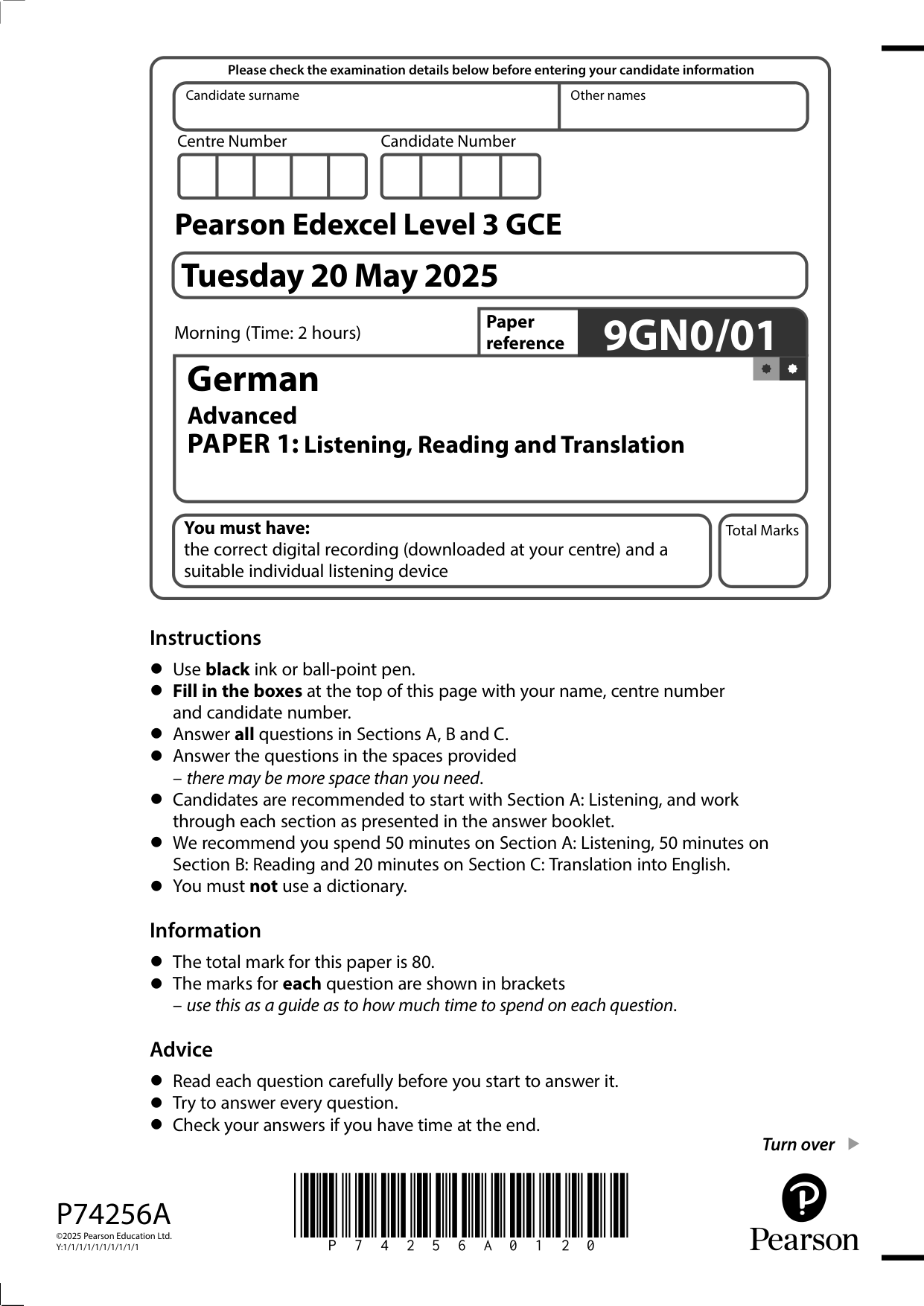 Pearson Edexcel A Level German 2025 Paper 1 Question Paper