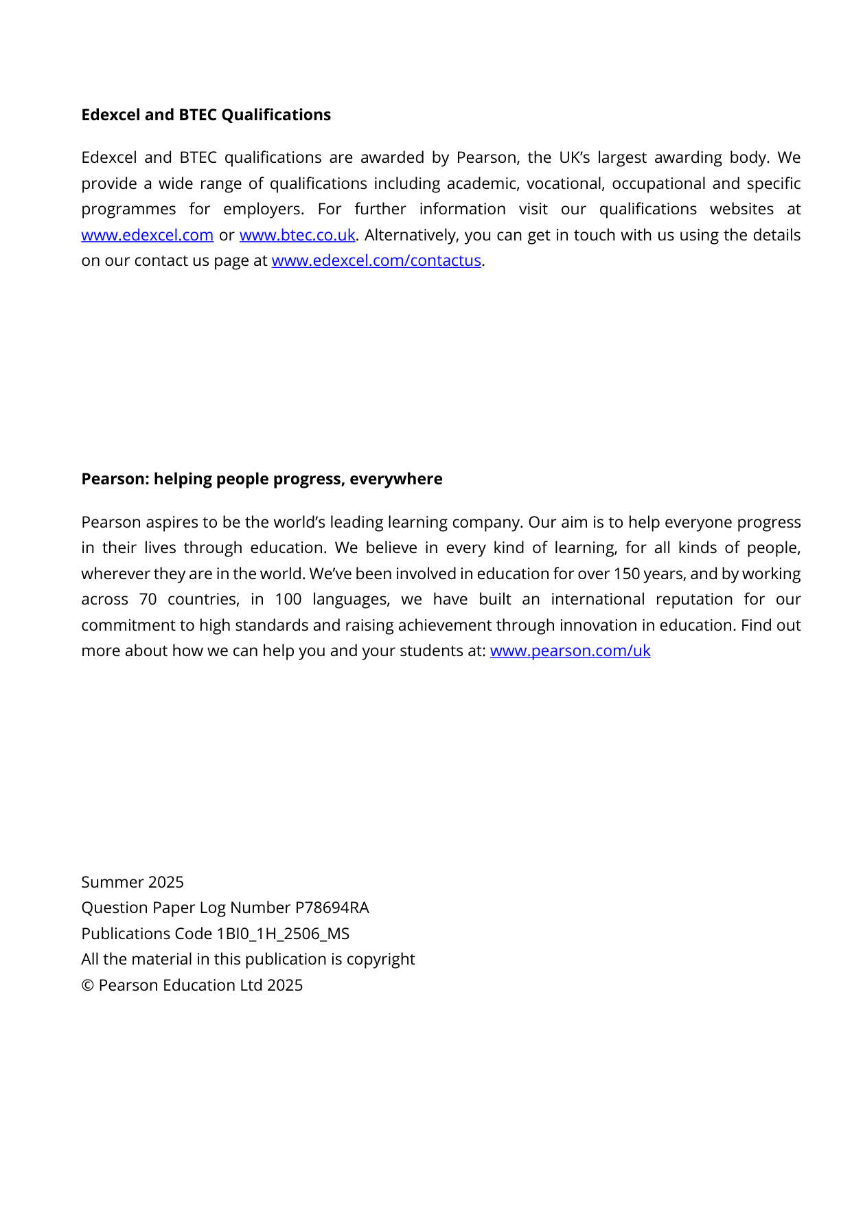 Pearson Edexcel GCSE Biology Paper 1H 2025 Mark Scheme