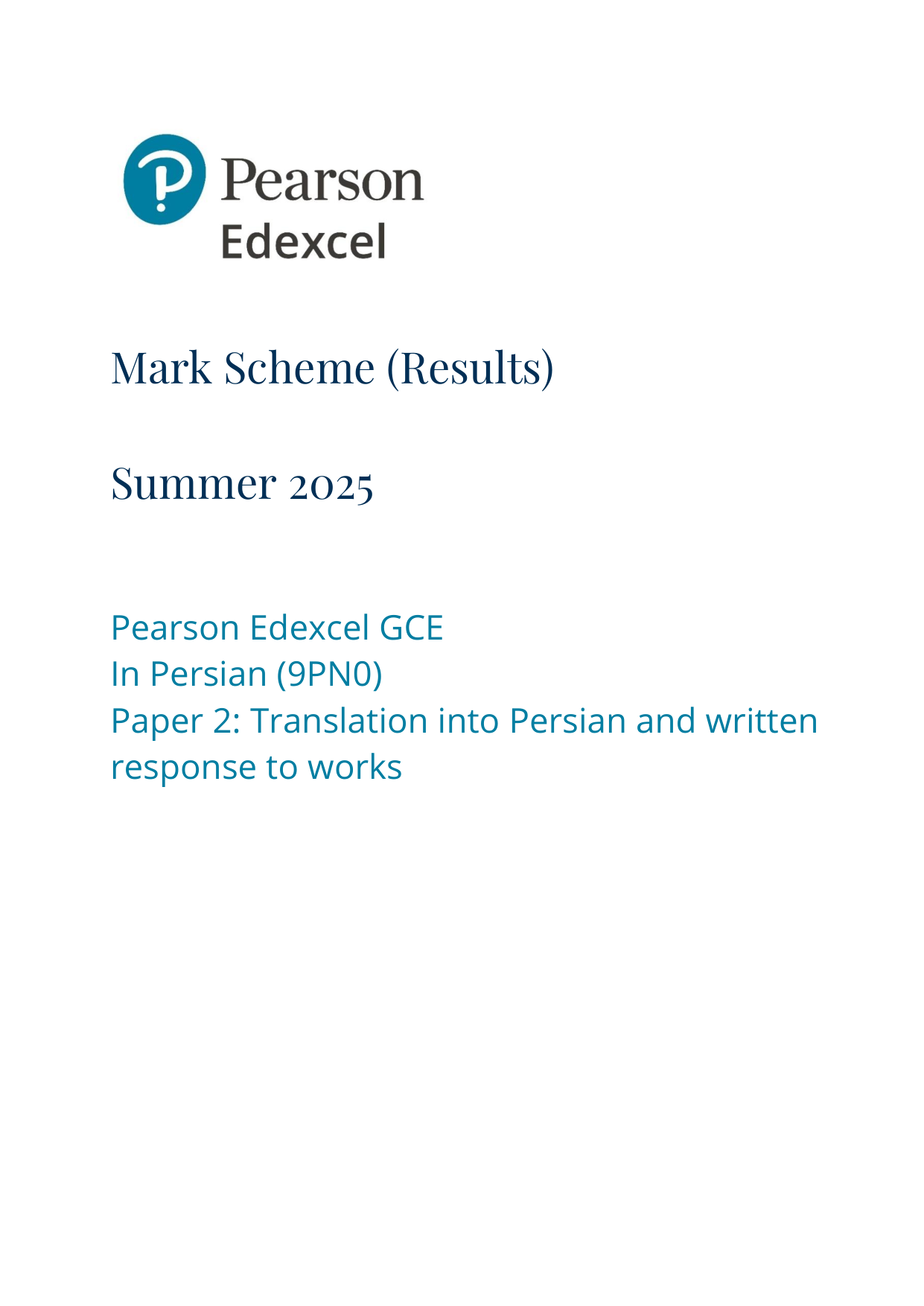 Pearson Edexcel A Level Persian 2025 Paper 2 Mark Scheme PDF