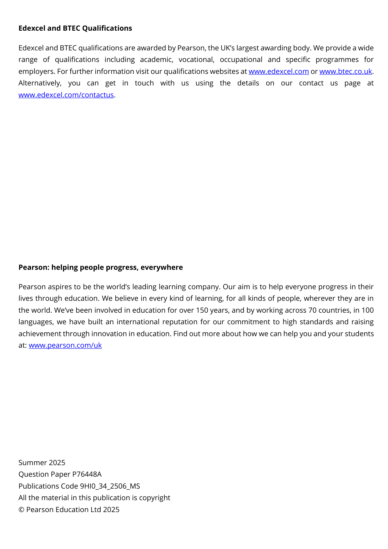 Pearson Edexcel A Level History Paper 34 2025 Mark Scheme