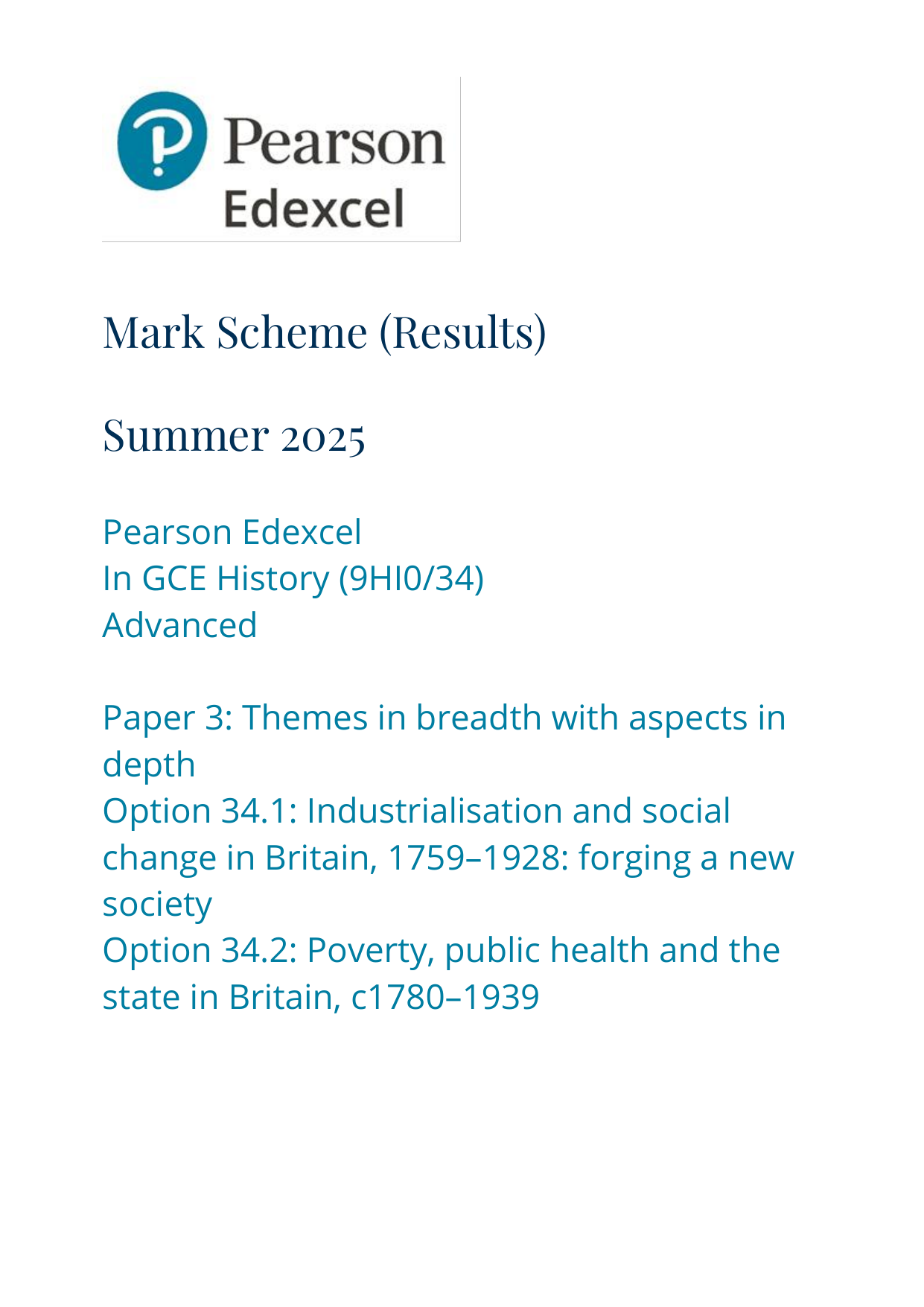 Pearson Edexcel A Level History Paper 34 2025 Mark Scheme