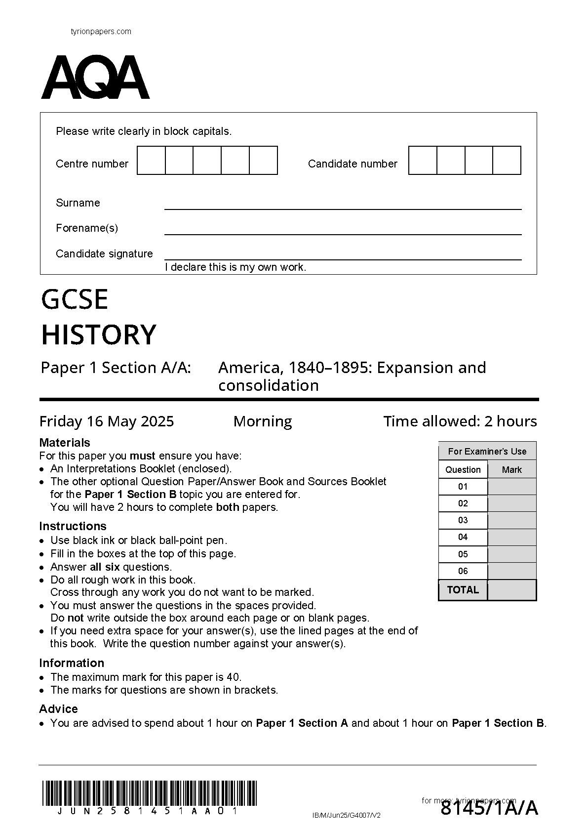 AQA GCSE History Paper 1A Section A/A 2025 Question Paper IMG-1