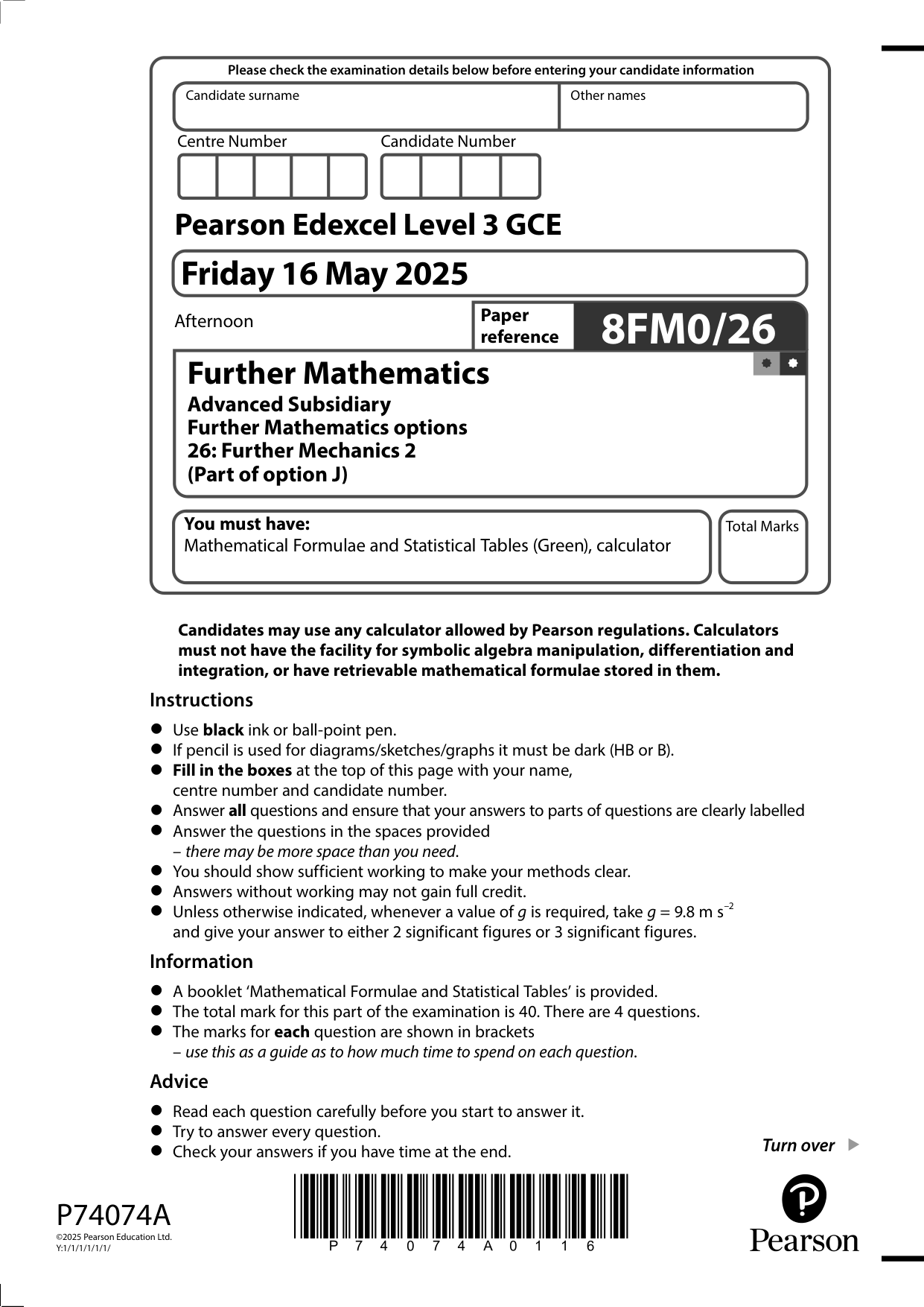 Pearson Edexcel AS Further Mathematics Paper 26 2025 QP