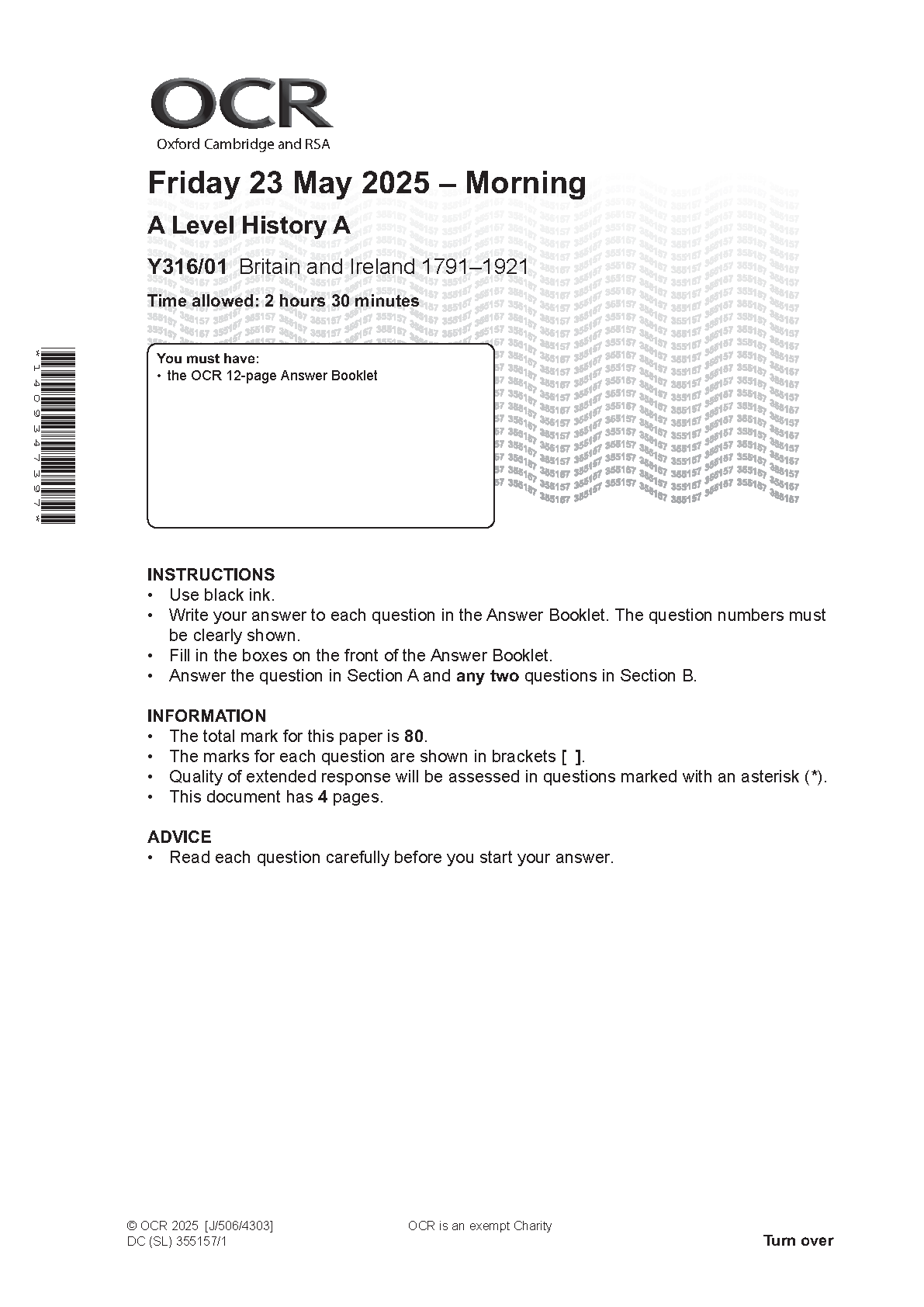 OCR A Level History A Britain and Ireland 2025 QP