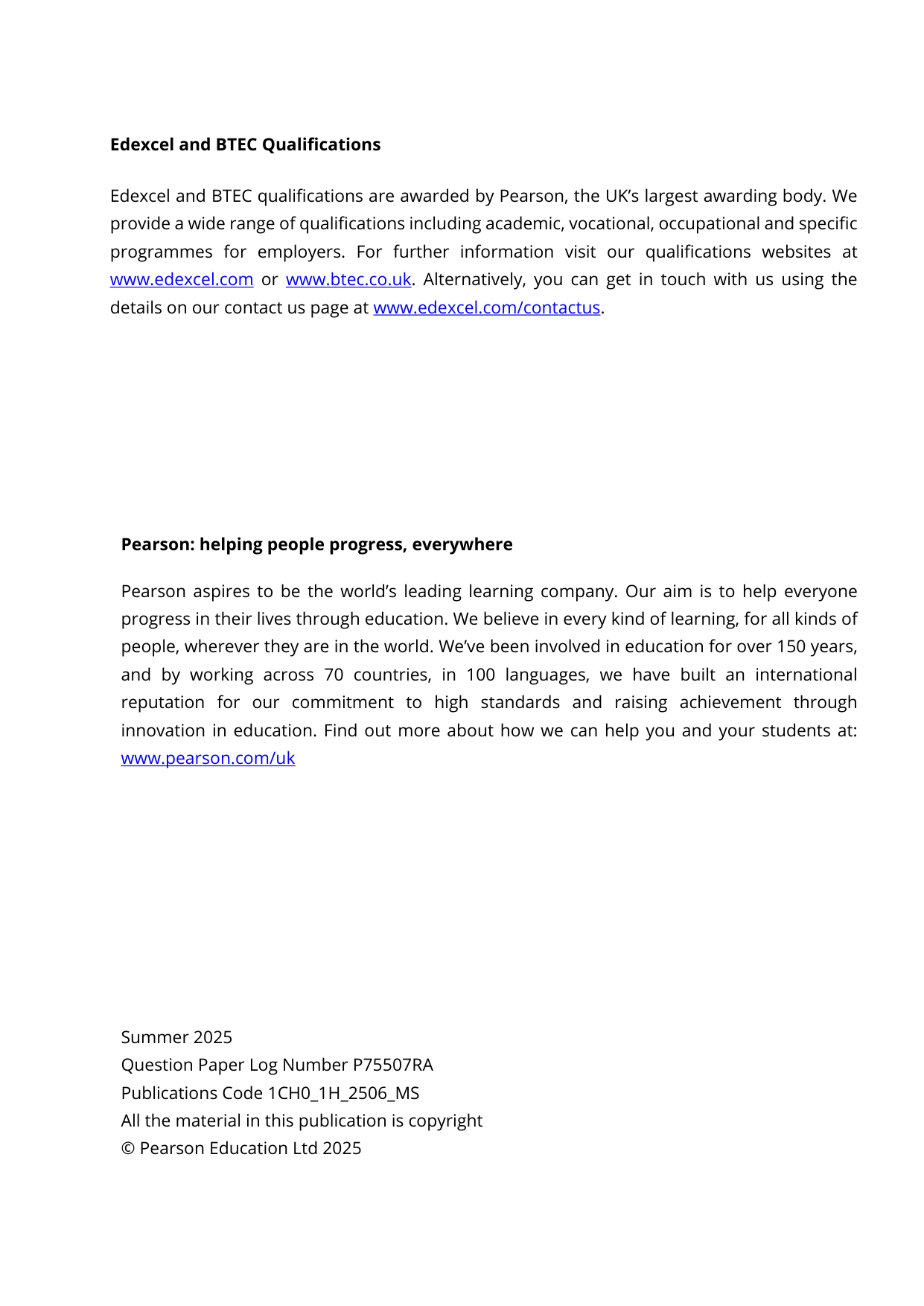 Pearson Edexcel GCSE Chemistry Paper 1H 2025 Mark Scheme