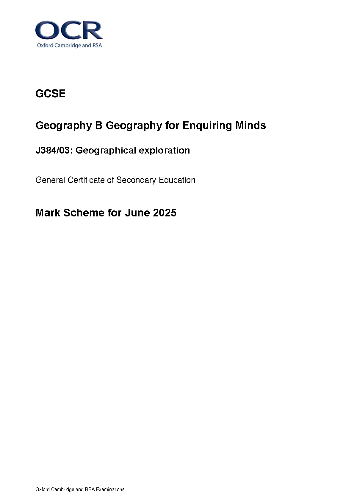 OCR GCSE Geography B Paper 3 2025 Mark Scheme PDF