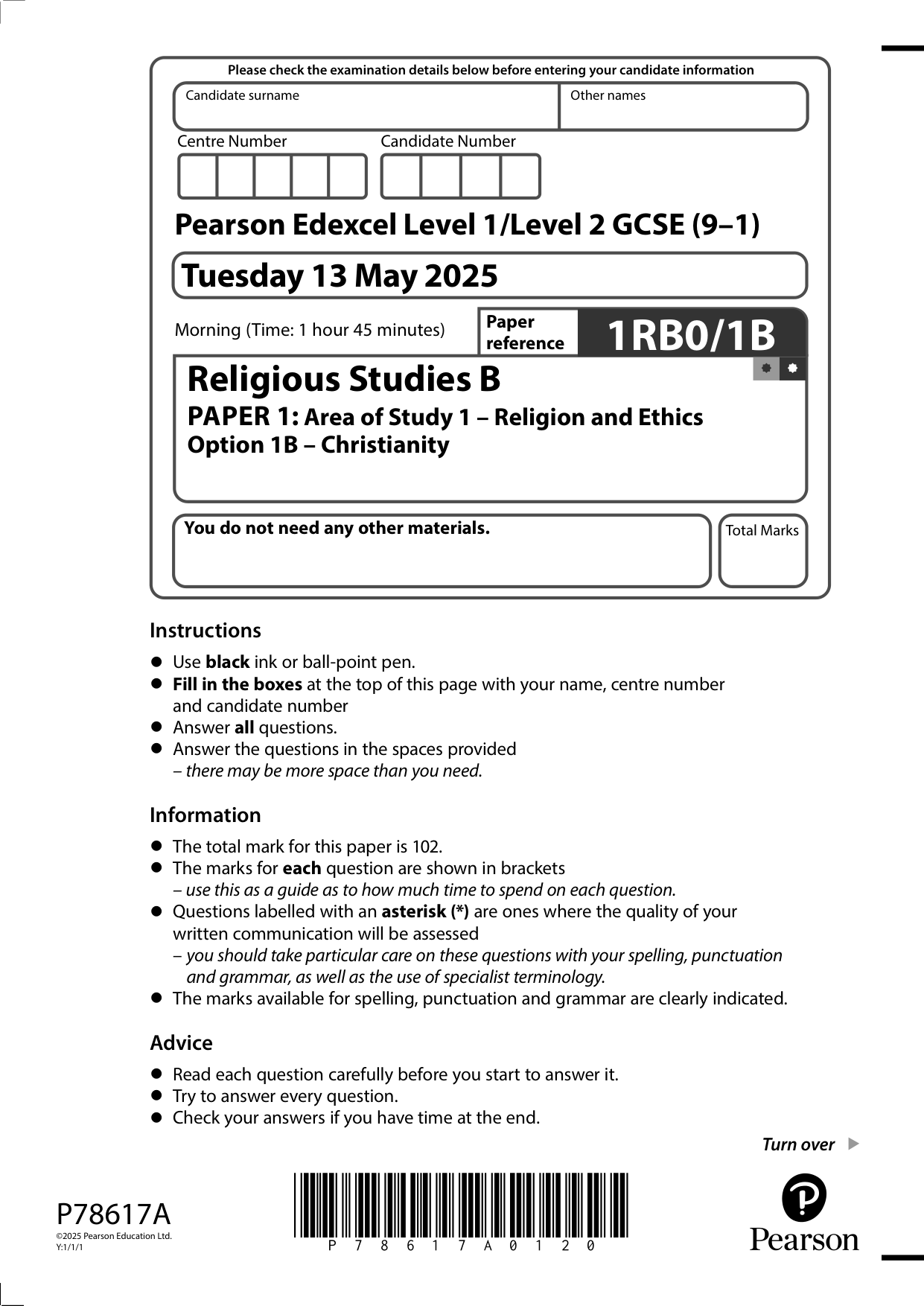 Pearson Edexcel GCSE Religious Studies B Paper 1B 2025 QP