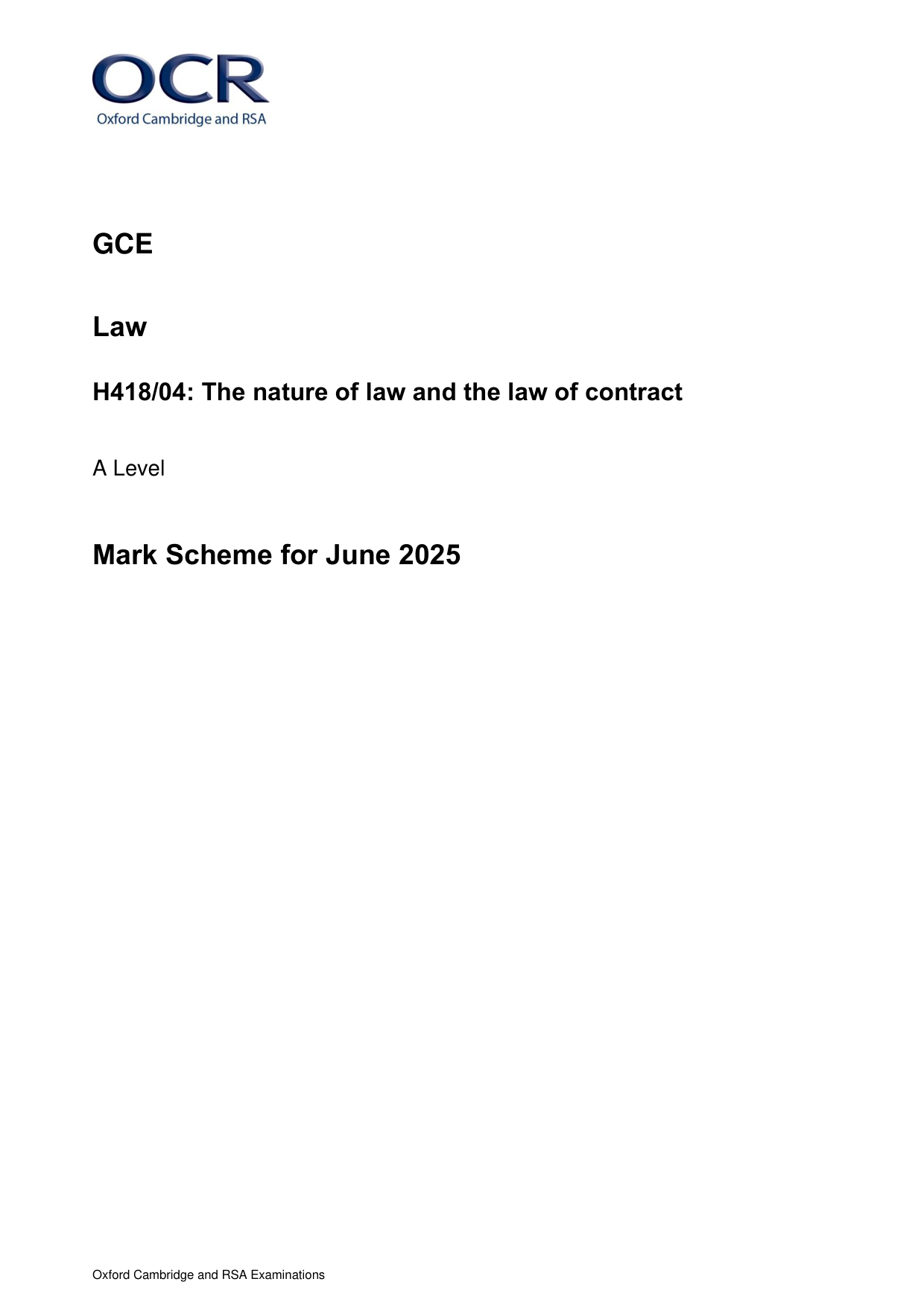 OCR A Level Law Paper 4 2025 Mark Scheme PDF