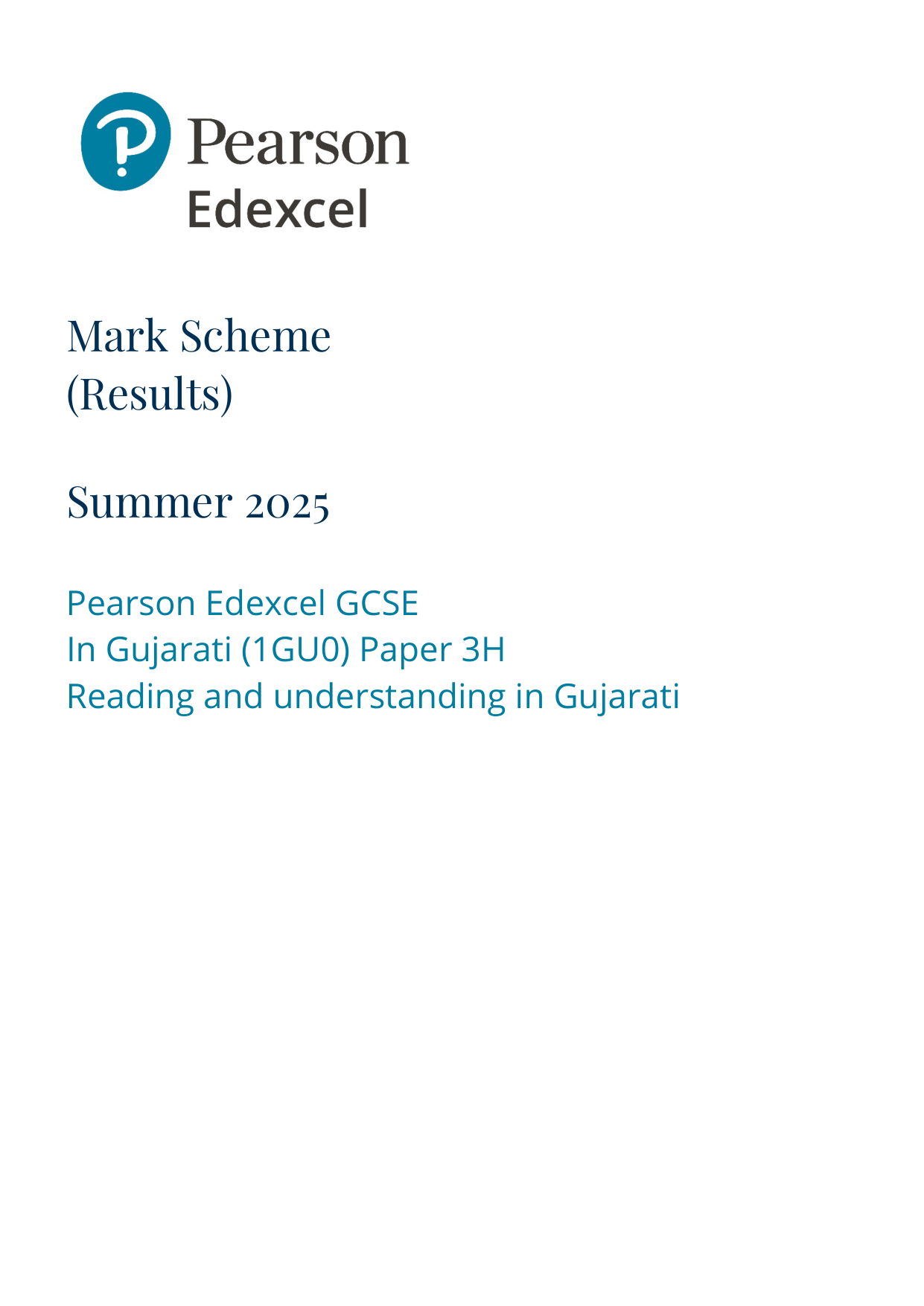 Pearson Edexcel GCSE Gujarati Paper 3H 2025 Mark Scheme PDF