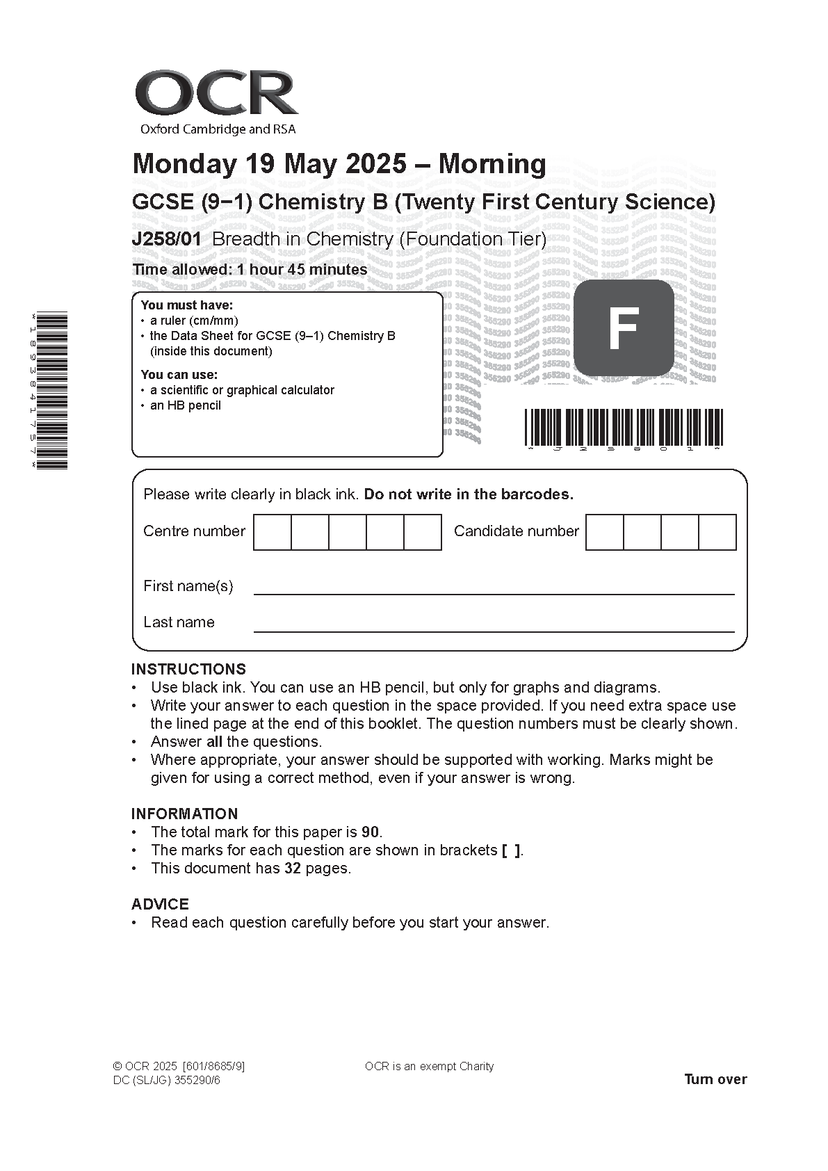 OCR GCSE Chemistry B Paper 1 2025 Question Paper