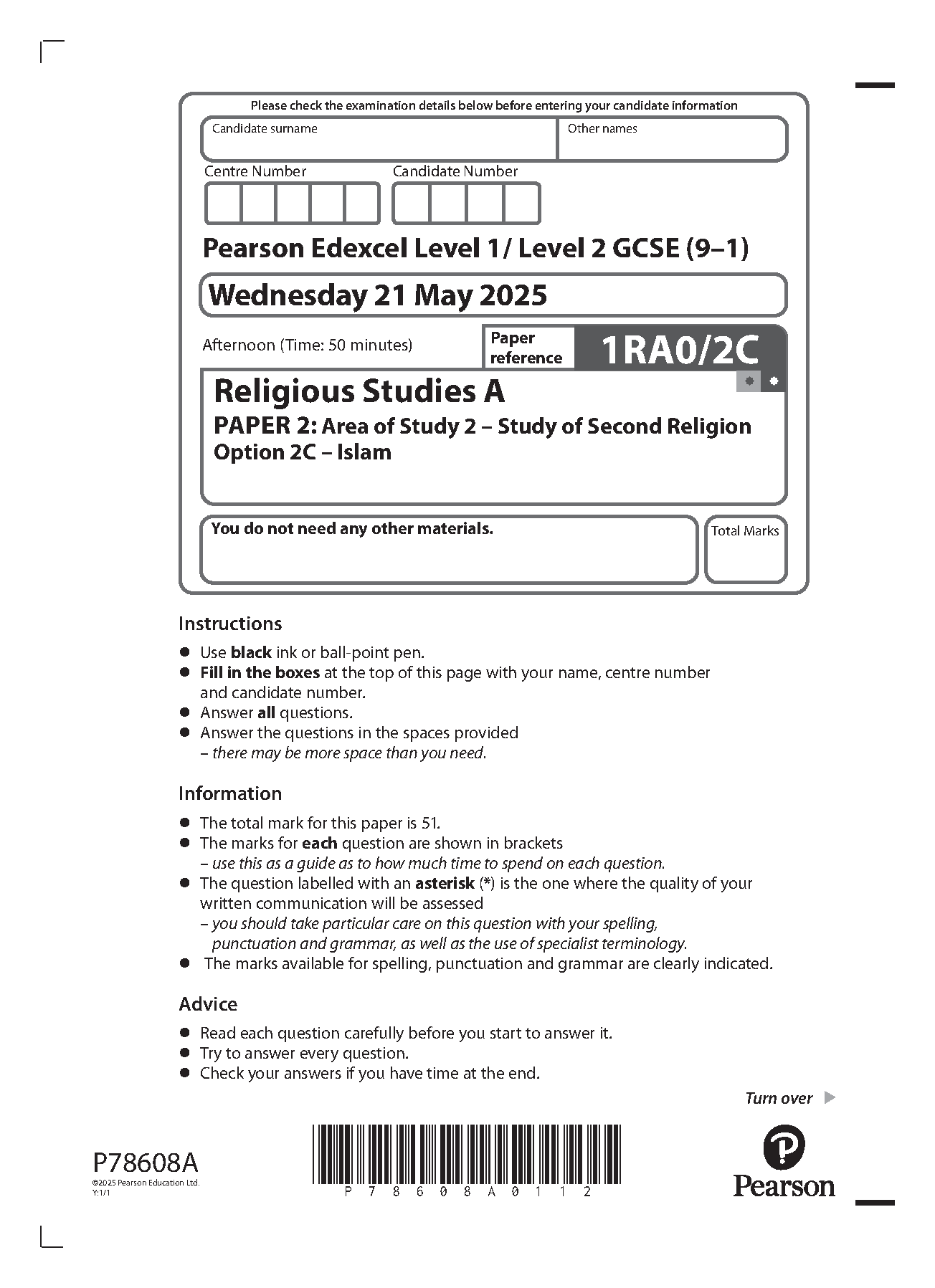 Pearson Edexcel GCSE Religious Studies Paper 2C 2025 QP IMG-1