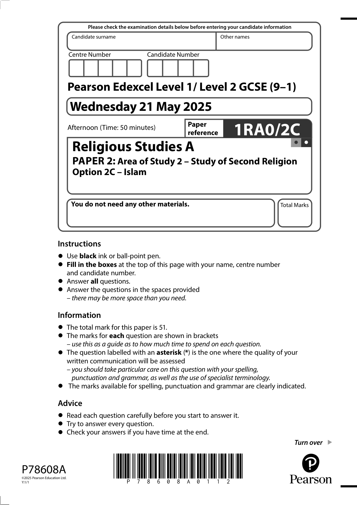 Pearson Edexcel GCSE Religious Studies Paper 2C 2025 QP
