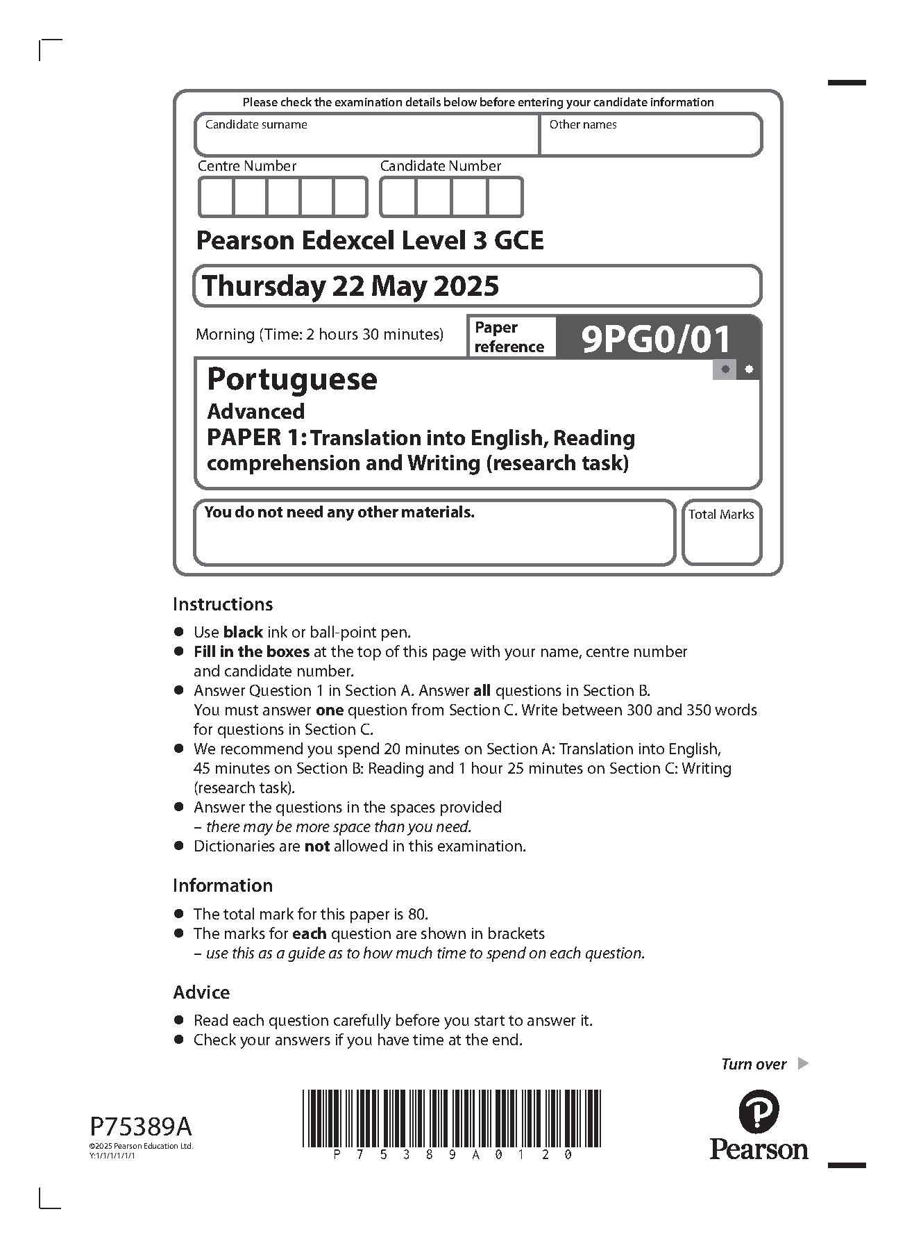 Pearson Edexcel A Level Portuguese 2025 Paper 1 QP IMG-1