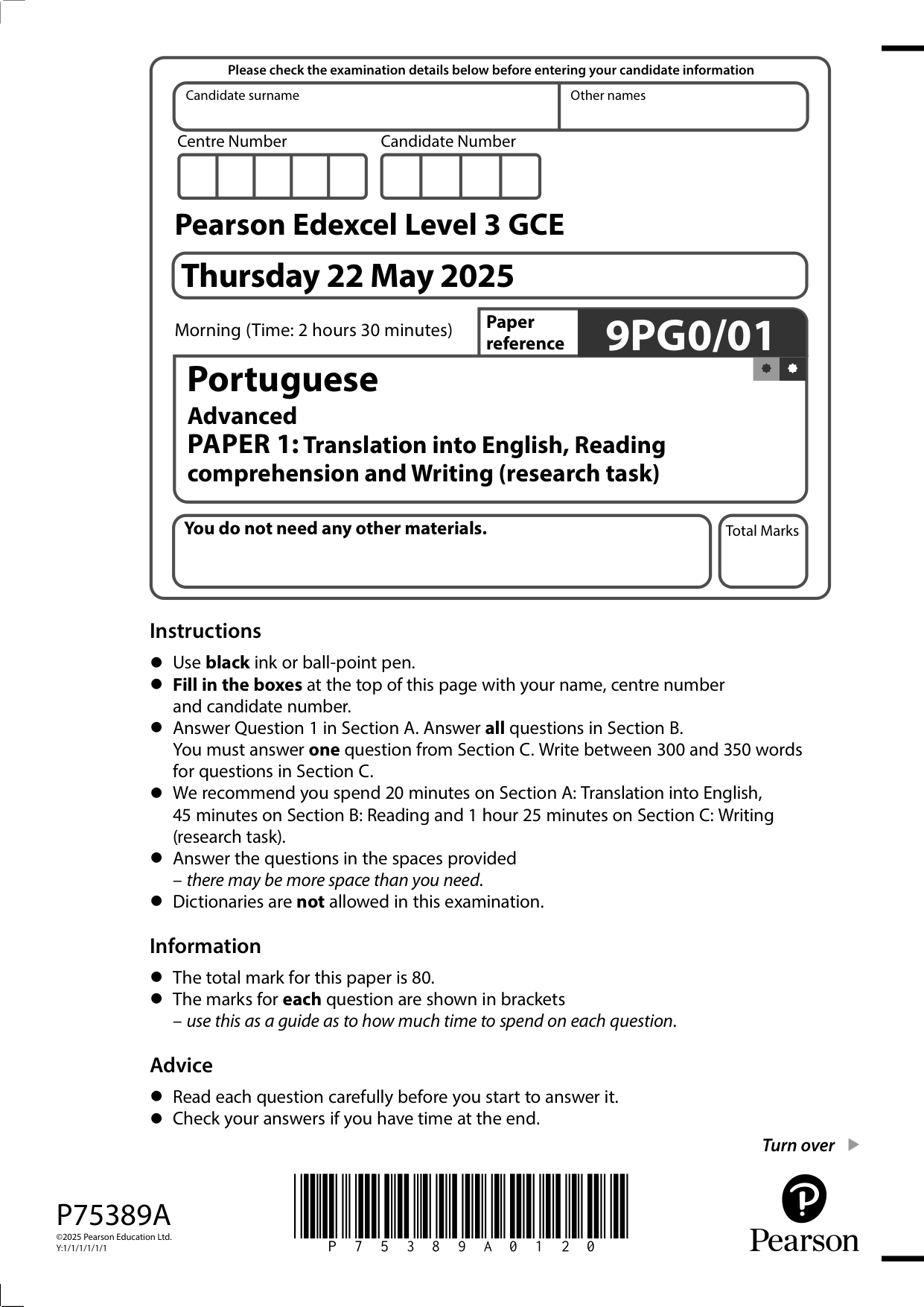Pearson Edexcel A Level Portuguese 2025 Paper 1 QP