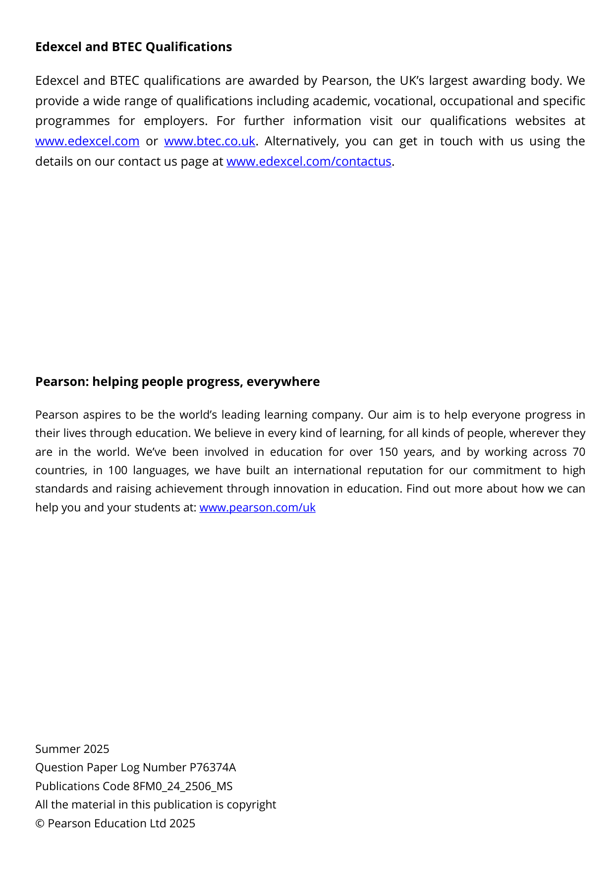 Pearson Edexcel AS Further Mathematics Paper 24 2025 Ms