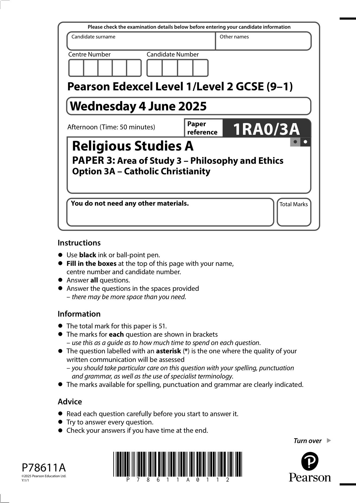 Pearson Edexcel GCSE Religious Studies Paper 3A 2025 QP