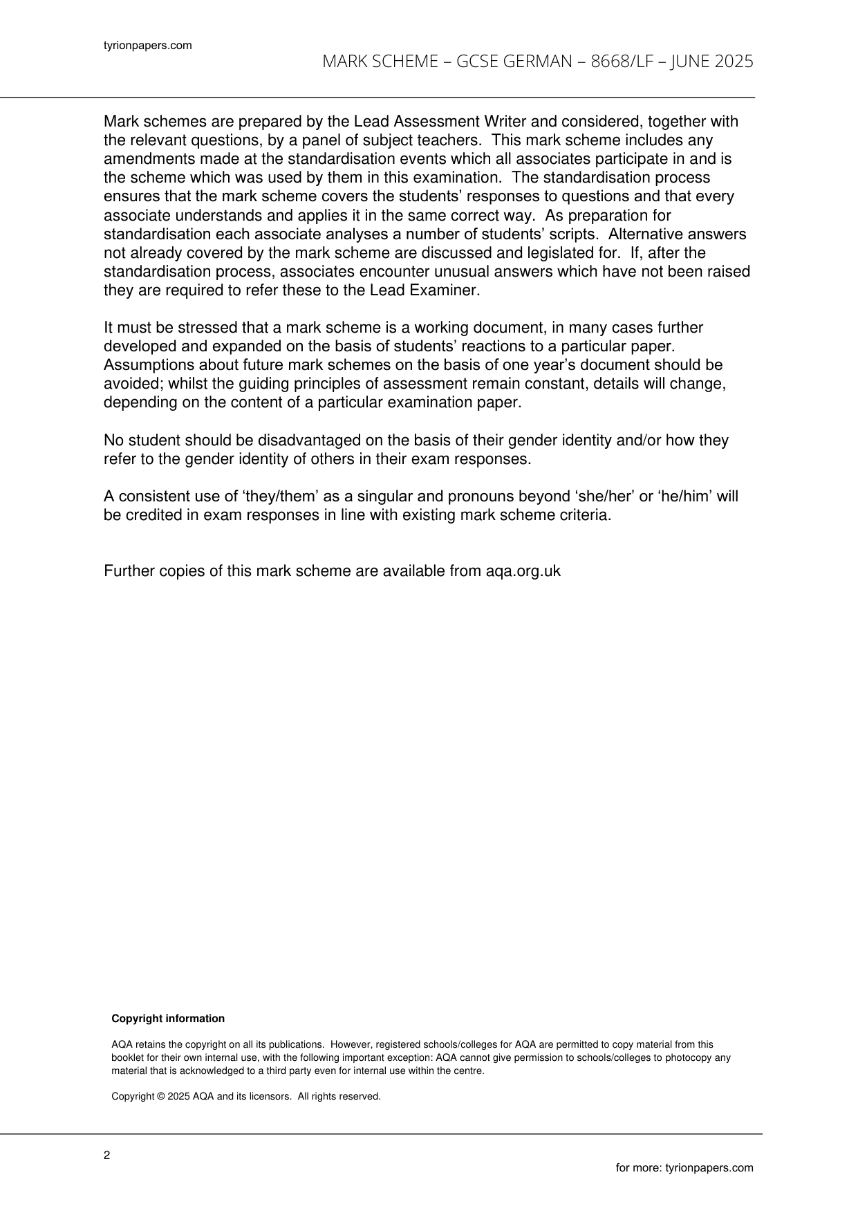 AQA GCSE German Paper 1F 2025 Listening Mark Scheme