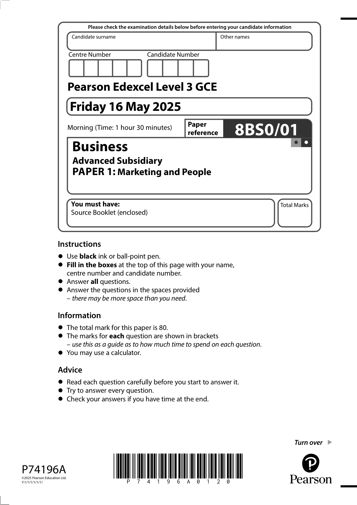 Pearson Edexcel AS Business Paper 1 2025 Question Paper