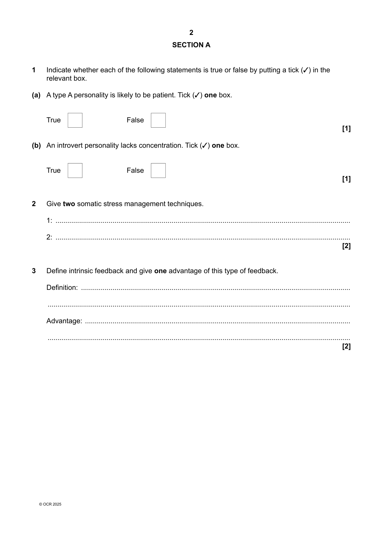 OCR A Level Physical Education Paper 2 2025 Question Paper