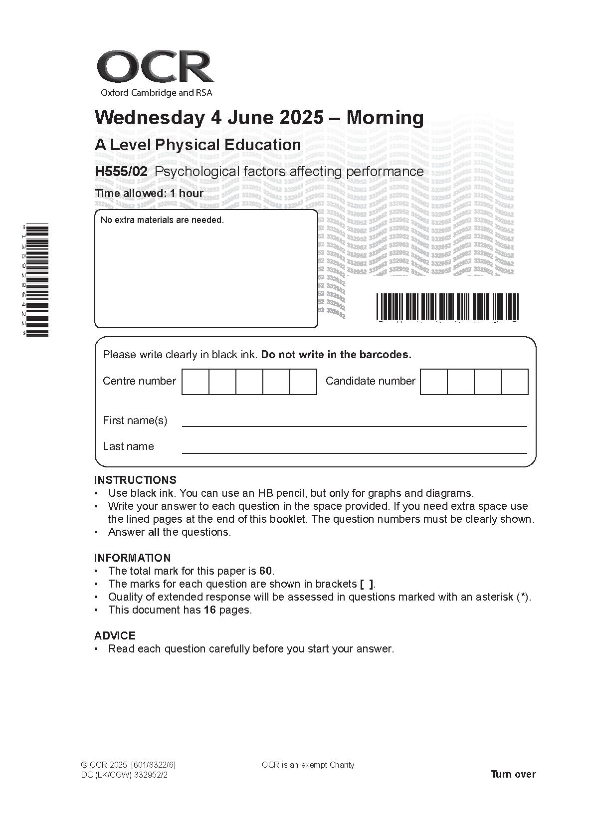 OCR A Level Physical Education Paper 2 2025 Question Paper