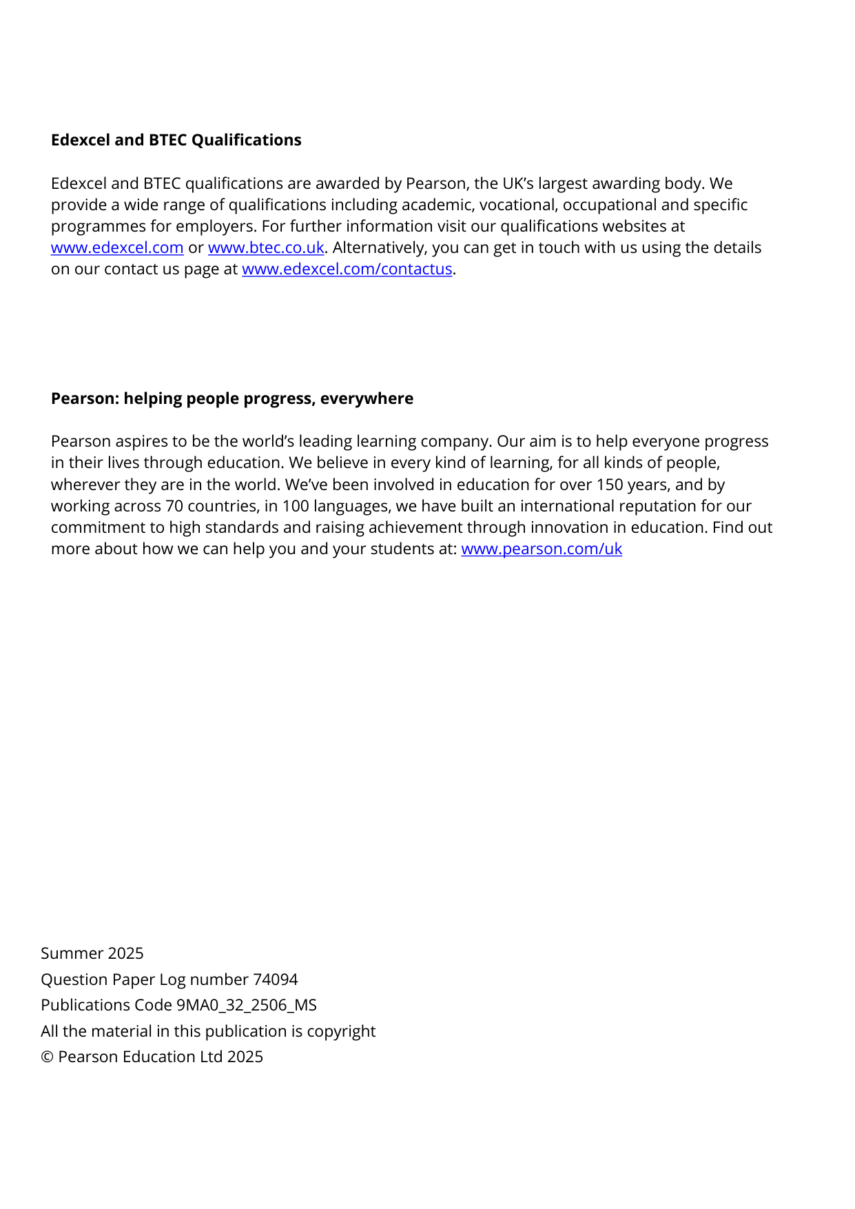 Pearson Edexcel A Level Mathematics Paper 32 2025 Ms
