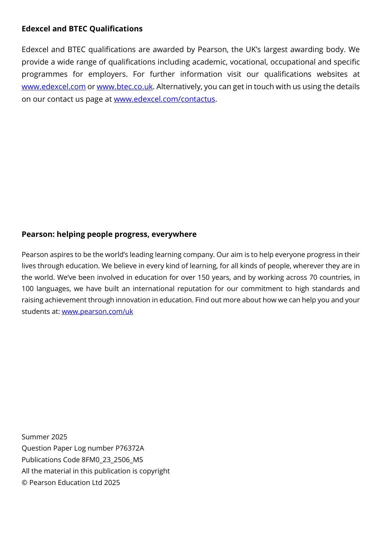 Pearson Edexcel AS Further Mathematics Paper 23 2025 Ms