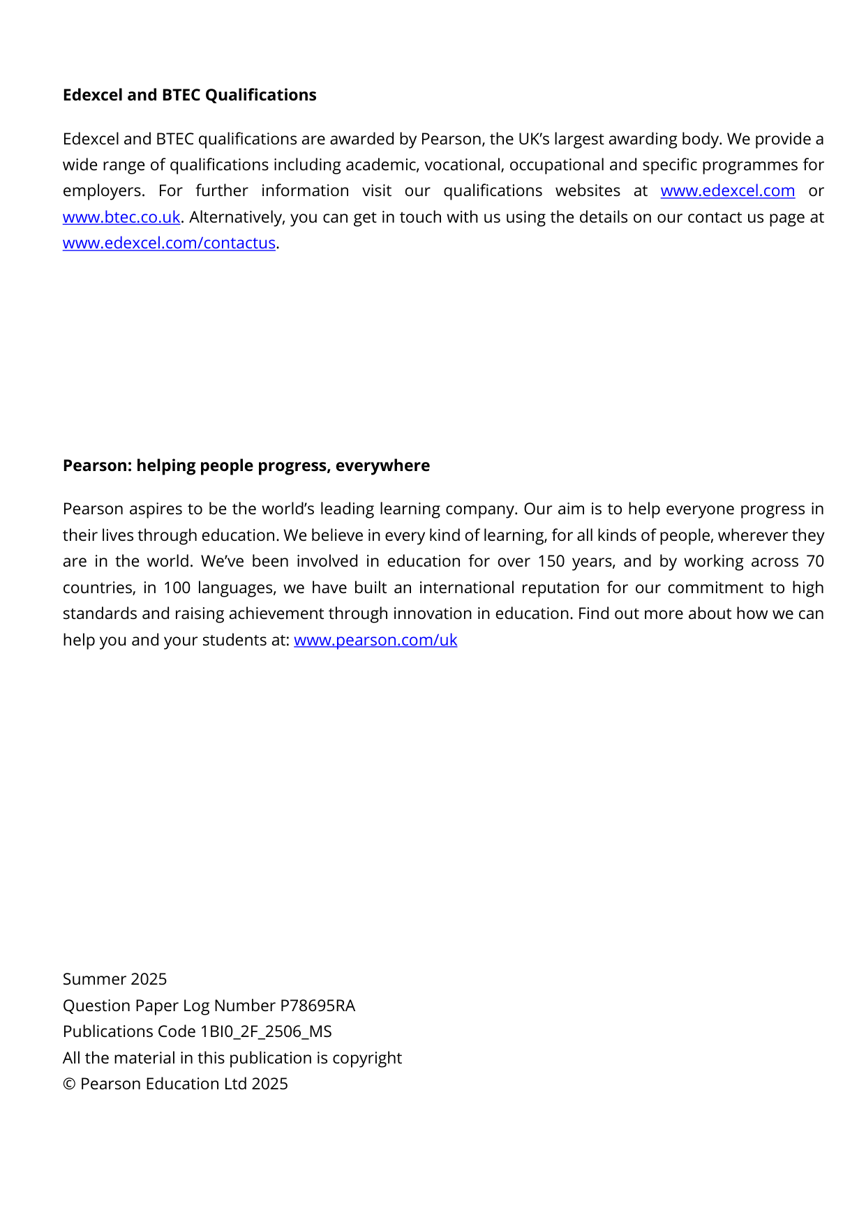 Pearson Edexcel GCSE Biology Paper 2f 2025 Mark Scheme