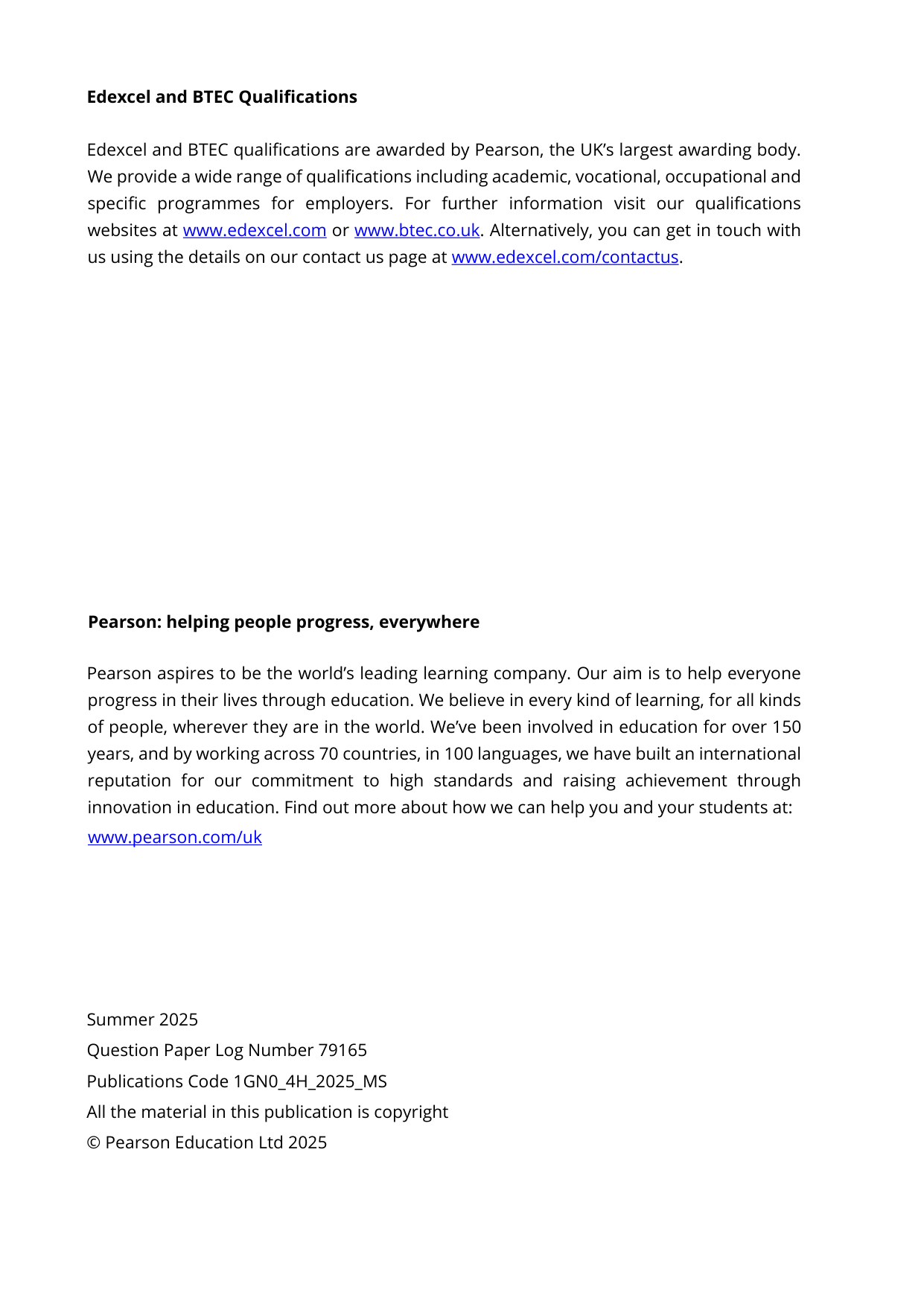 Pearson Edexcel GCSE German Paper 4H 2025 Mark Scheme PDF