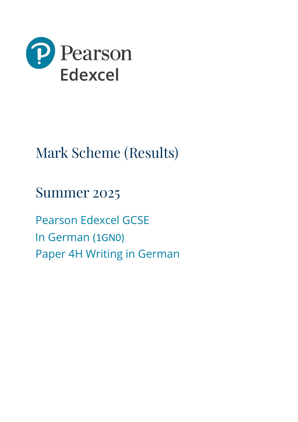 Pearson Edexcel GCSE German Paper 4H 2025 Mark Scheme PDF