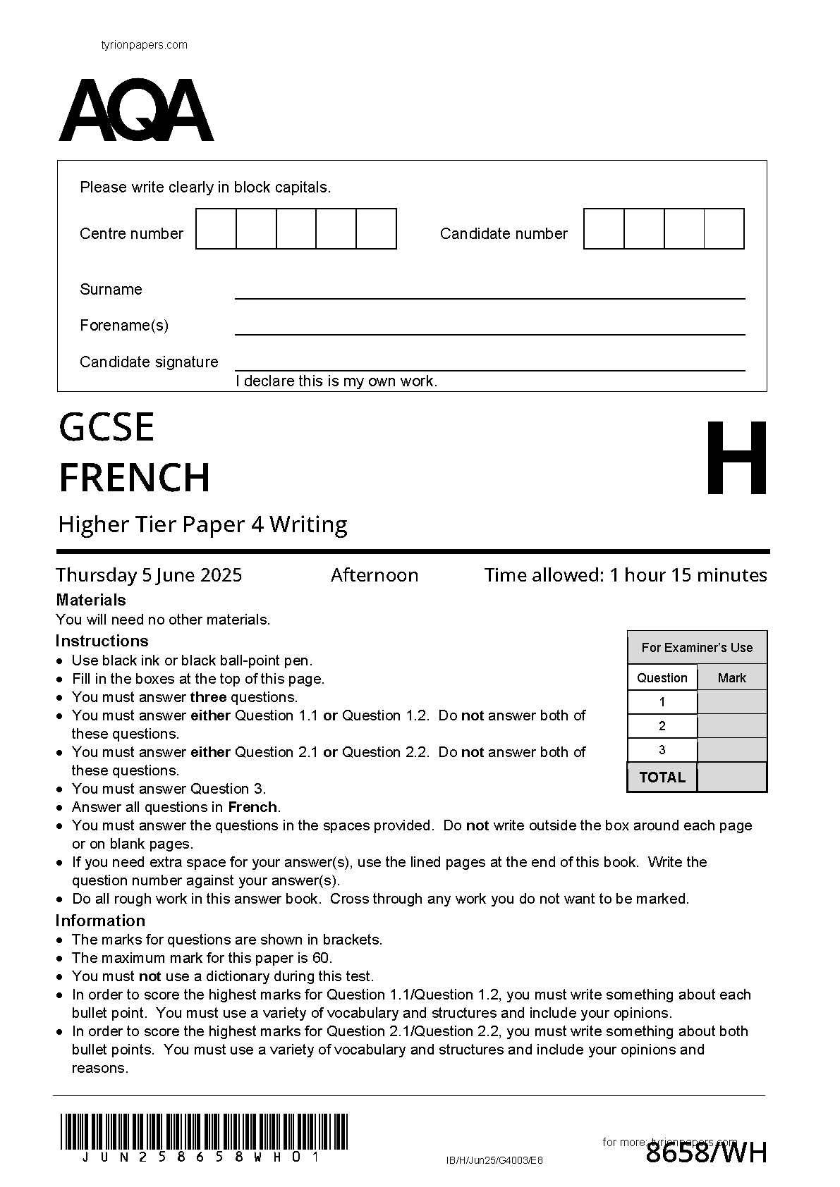 AQA GCSE French Writing Paper 2025 Higher PDF IMG-1