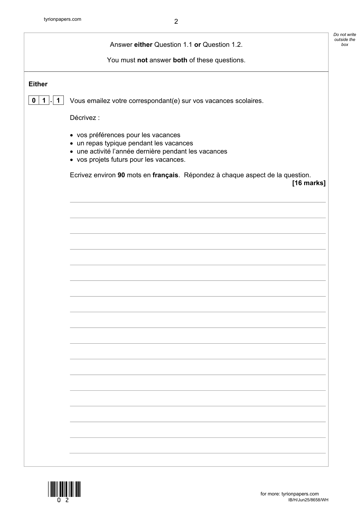AQA GCSE French Writing Paper 2025 Higher PDF