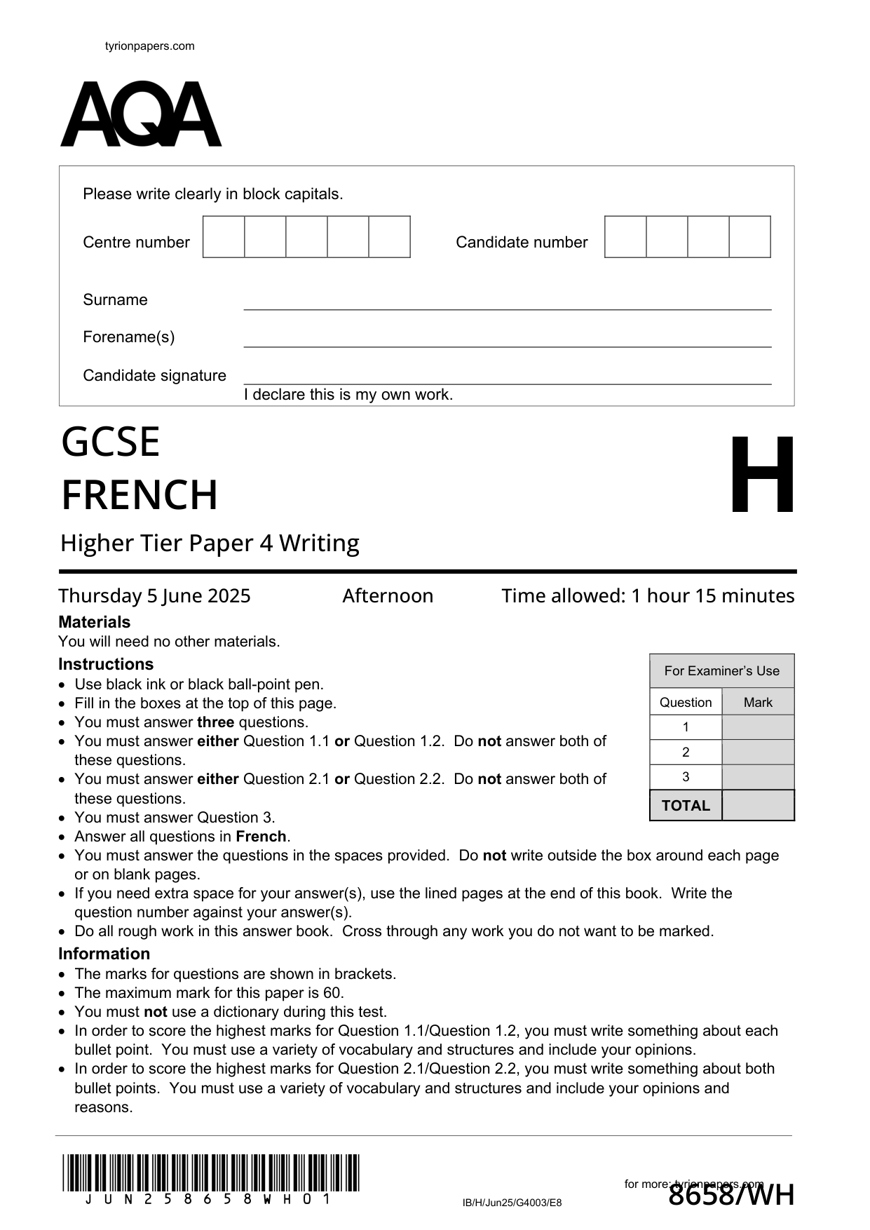 AQA GCSE French Writing Paper 2025 Higher PDF
