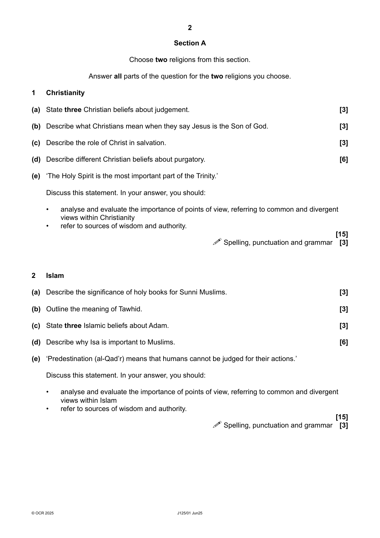 OCR GCSE Religious Studies Short Course Paper 1 2025 QP